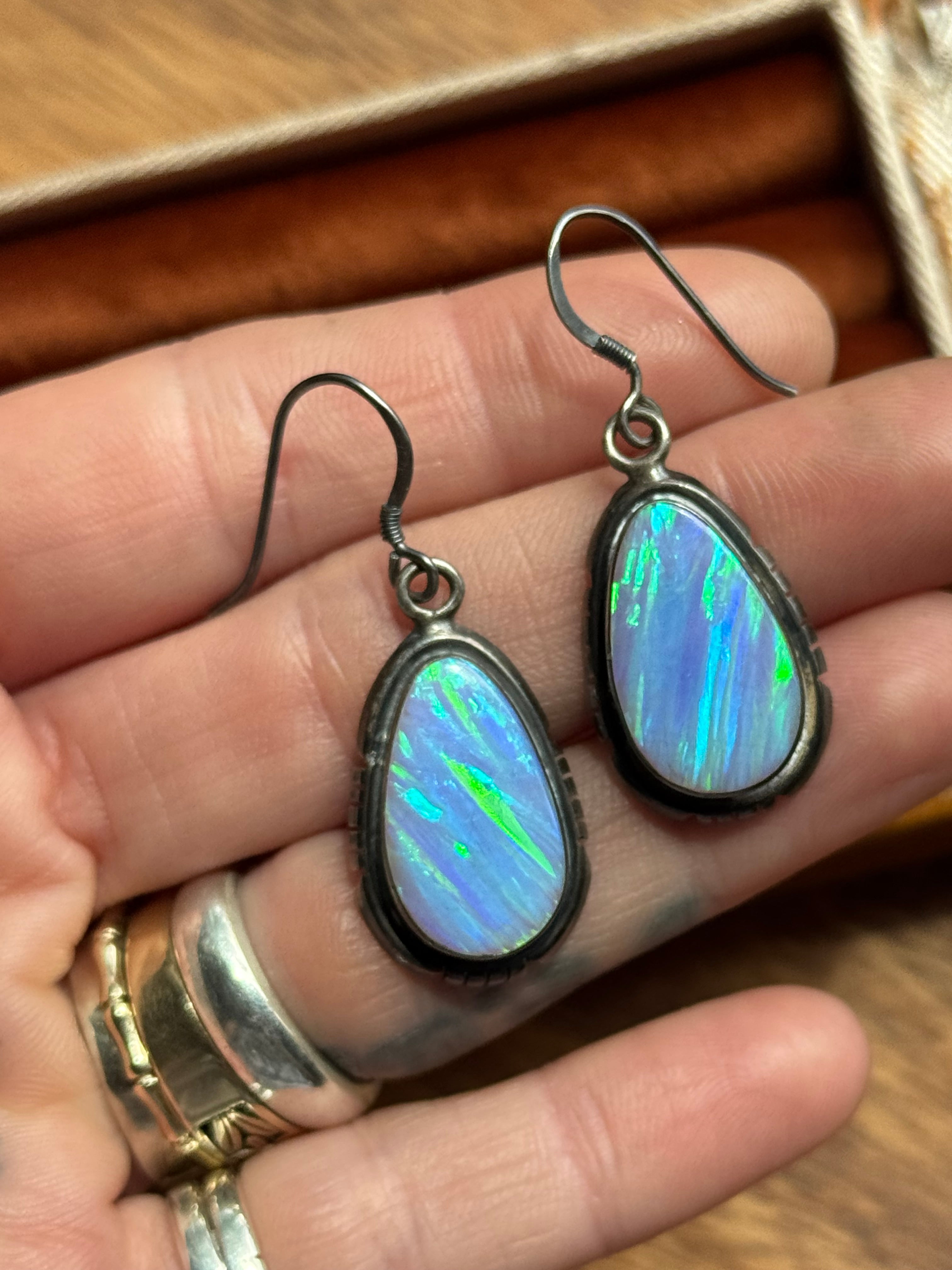 Vintage Sterling Silver Sawcut Opal Earrings
