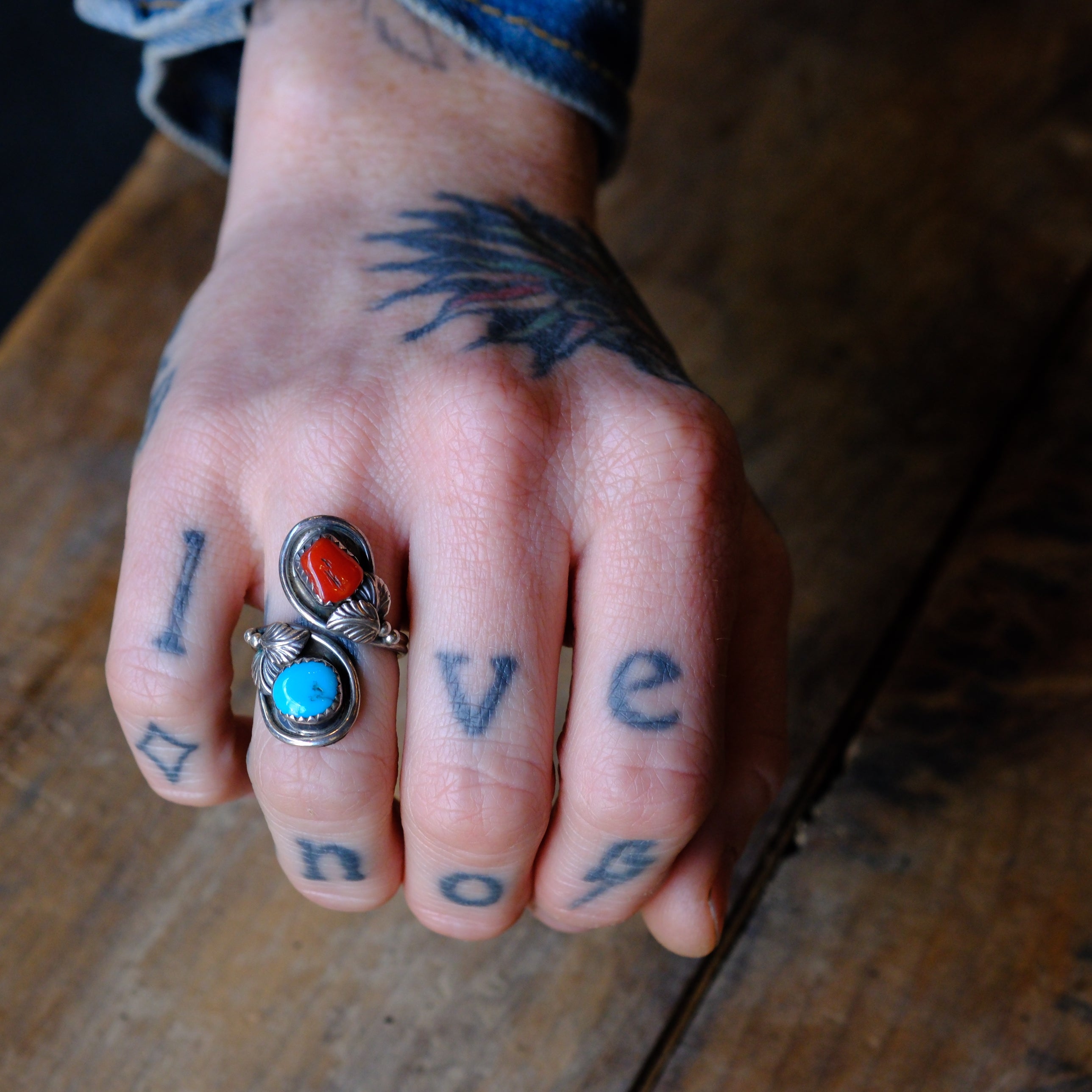 Vintage Sterling Turquoise and Coral Feather Overpass Ring 5.75