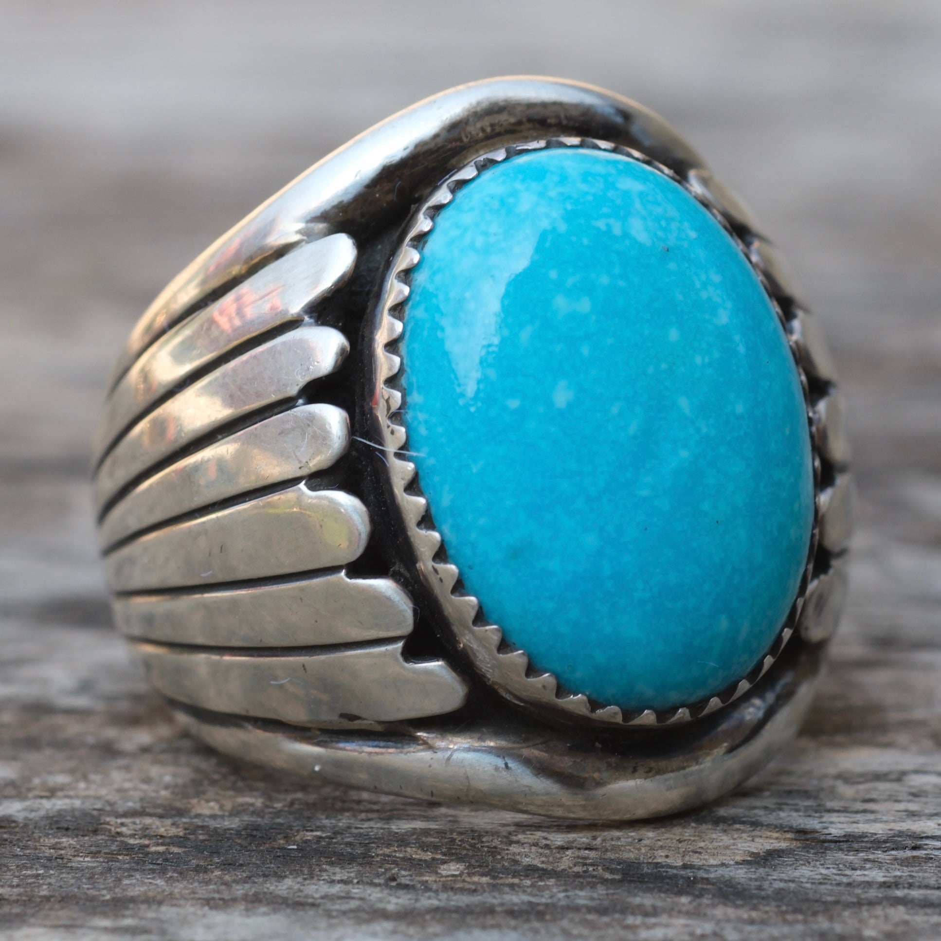 Vintage Sterling Turquoise Ribbed Band Ring 9.5