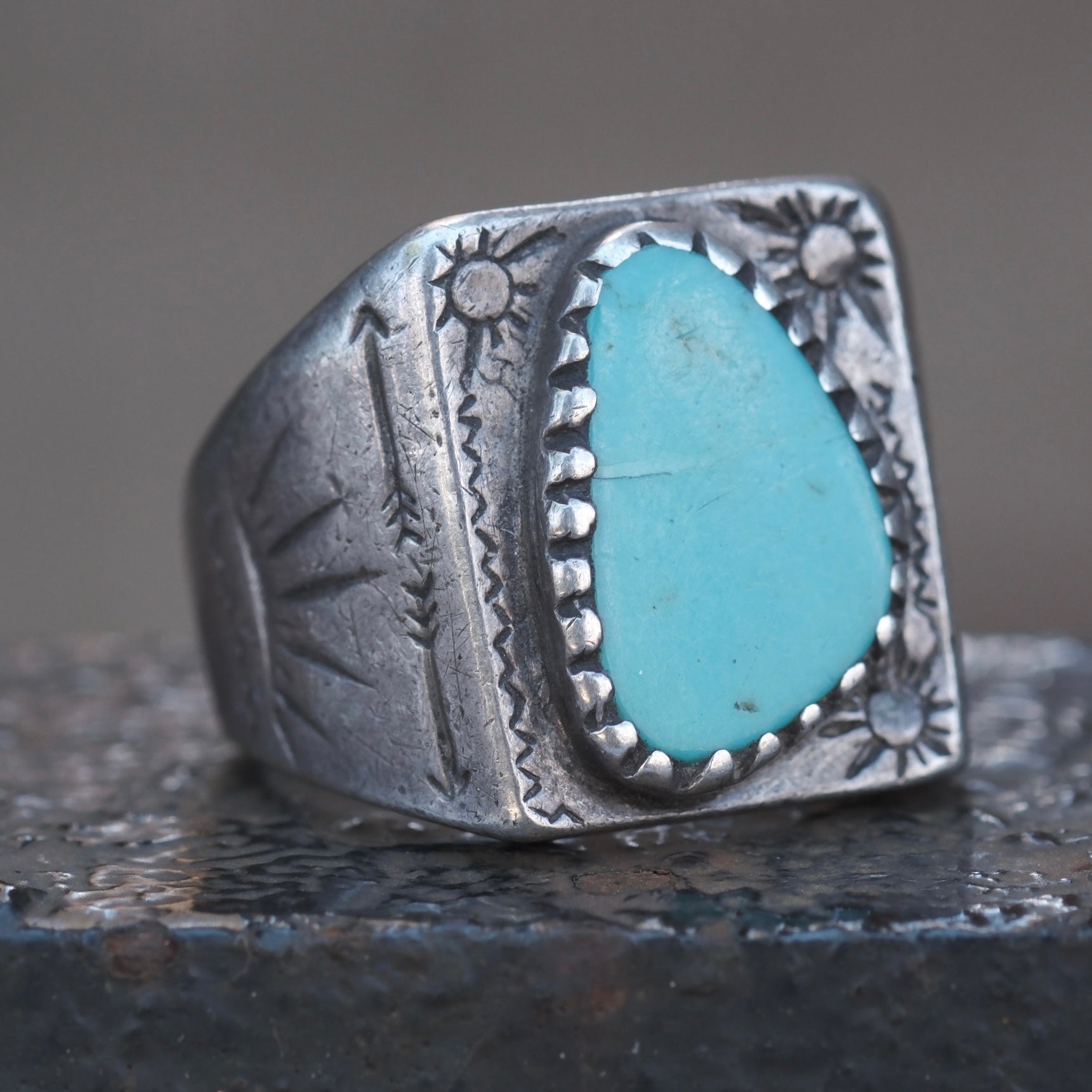 Vintage Sterling Turquoise Stamped Band Ring 10.5