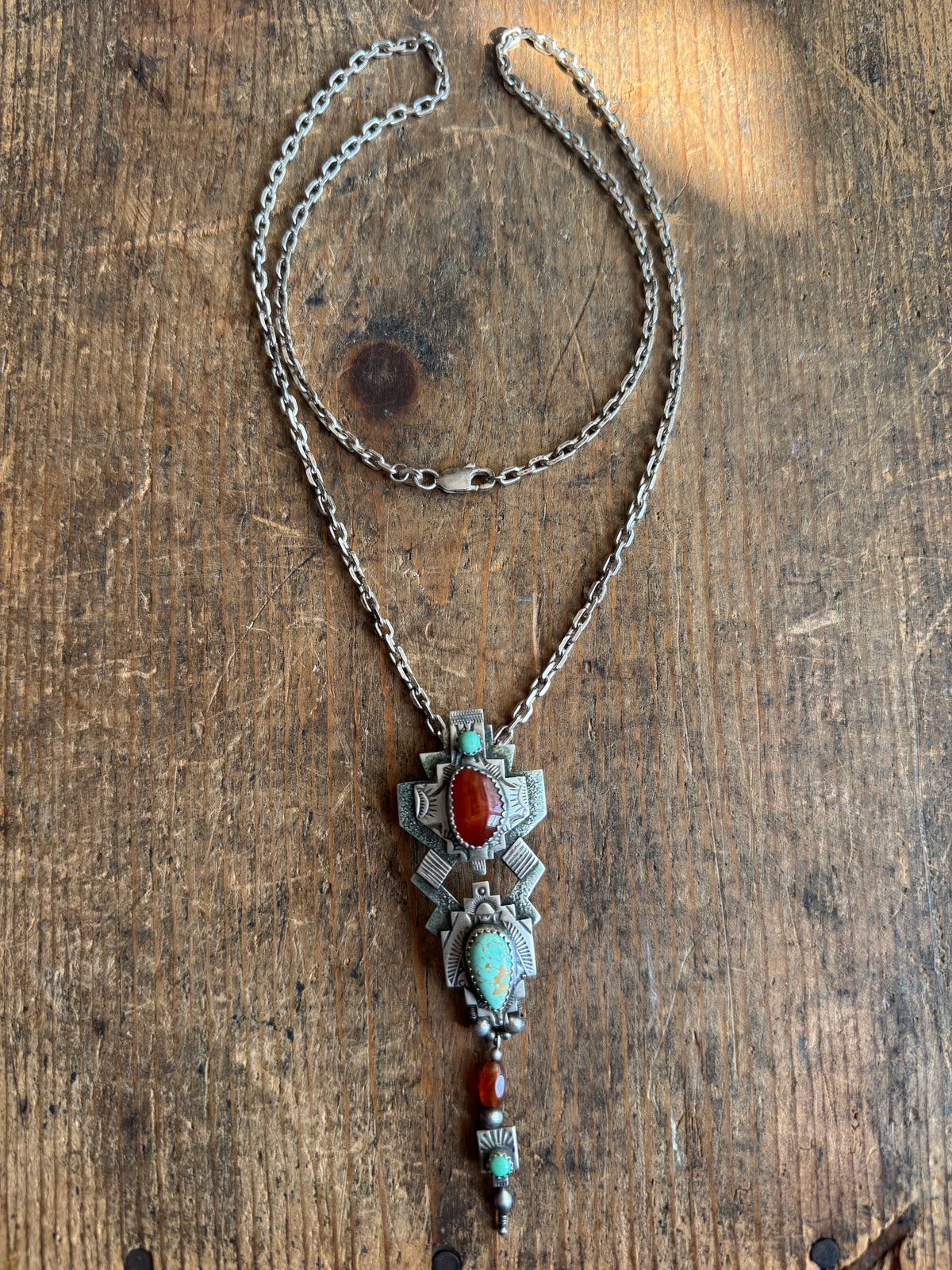 Vintage Sterling Silver Carnelian & Turquoise Stamped Totem necklace