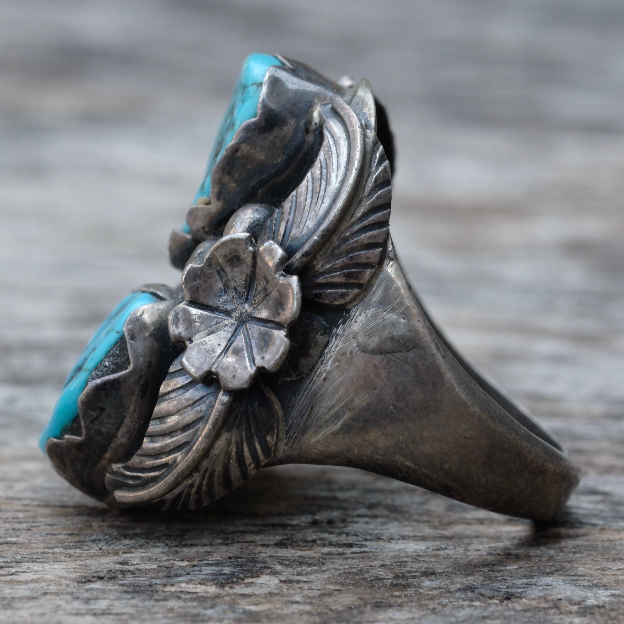 Vintage Sterling 2-Stone Turquoise Feather Ring 11
