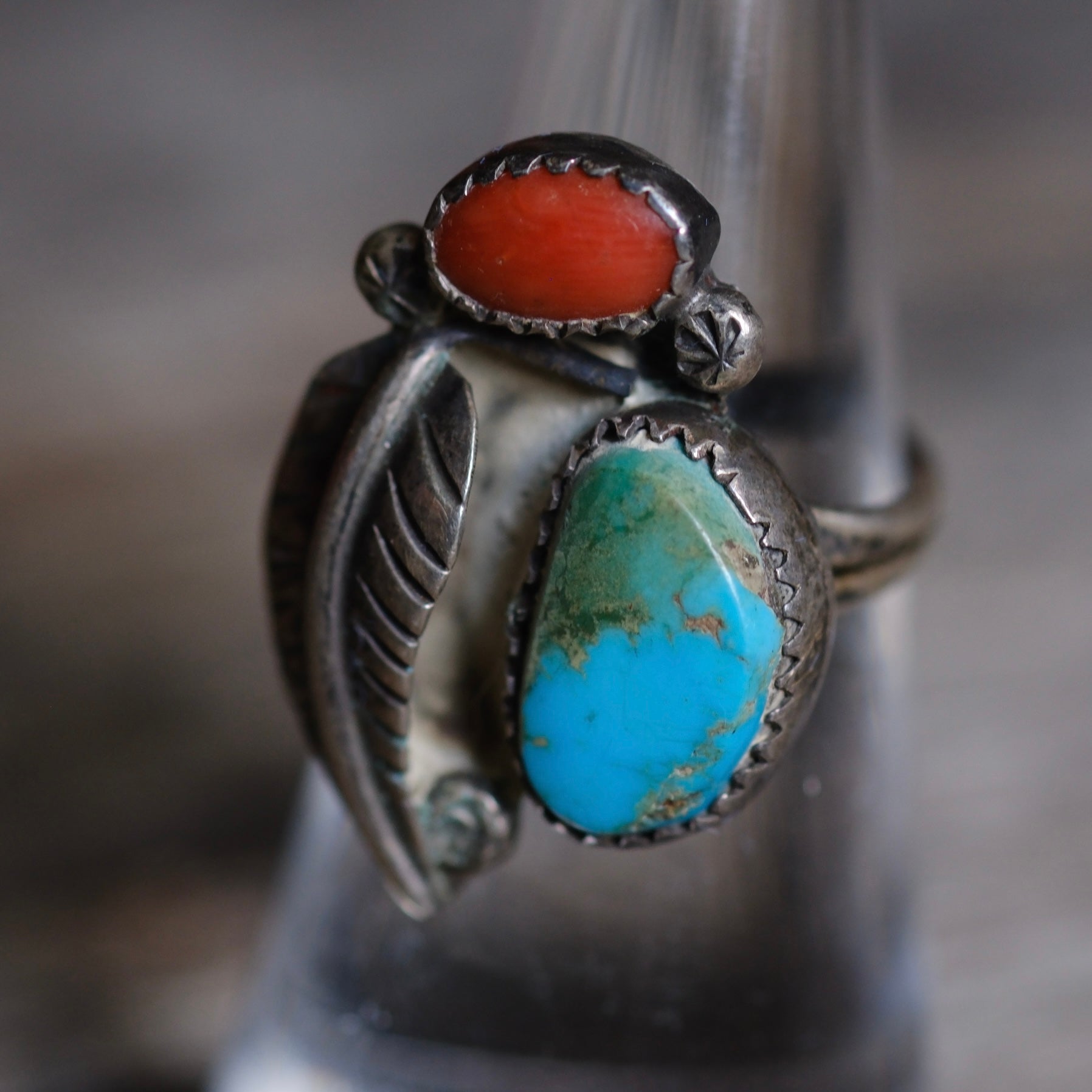 Vintage Sterling Turquoise and Coral Feather Ring 6.5