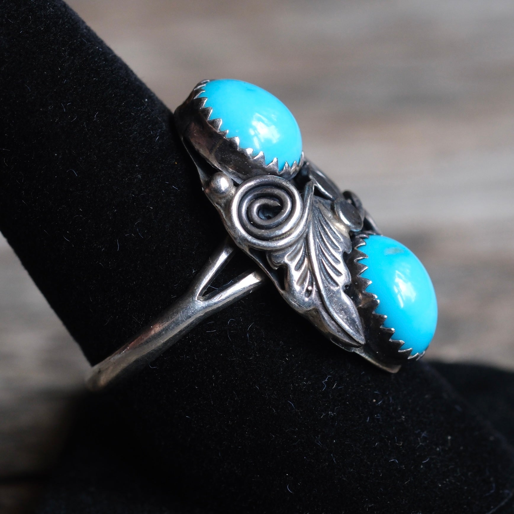Vintage Sterling 2-Stone Turquoise Feather Ring 9