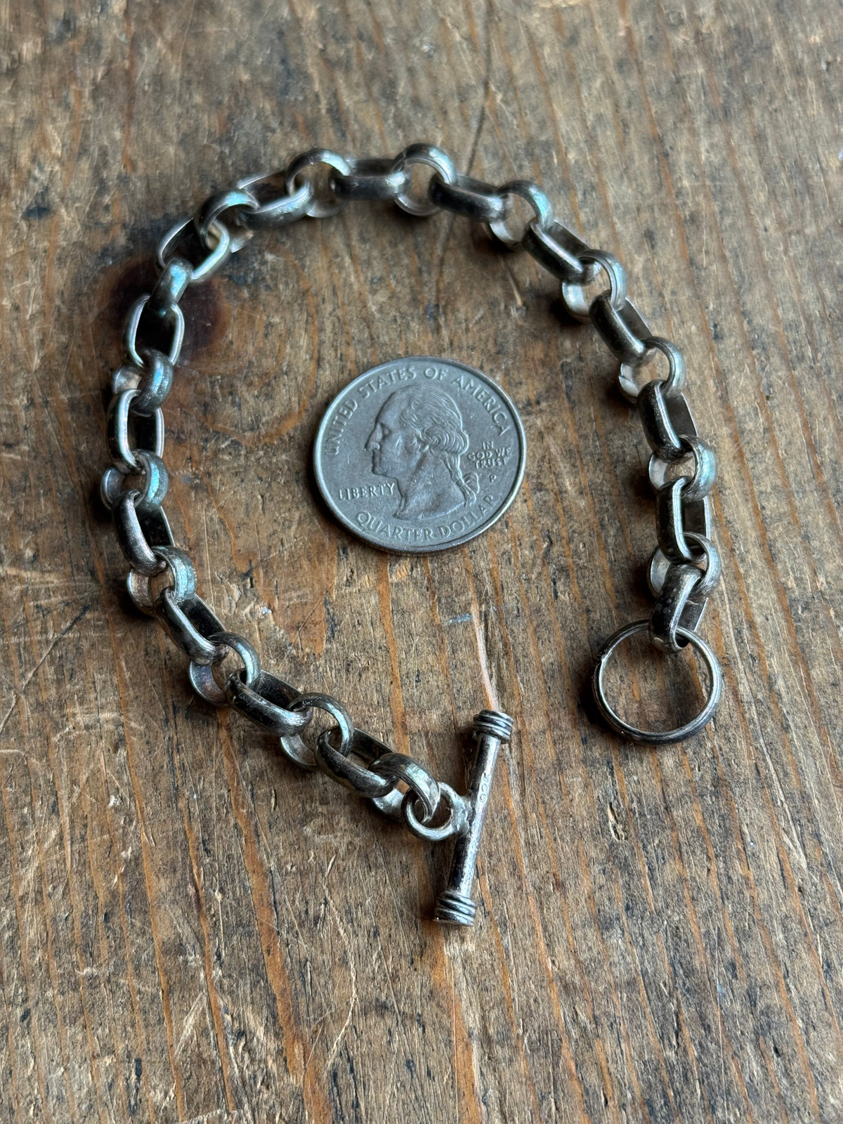 Vintage Sterling Silver Oval Circle Link Chain Toggle Bracelet