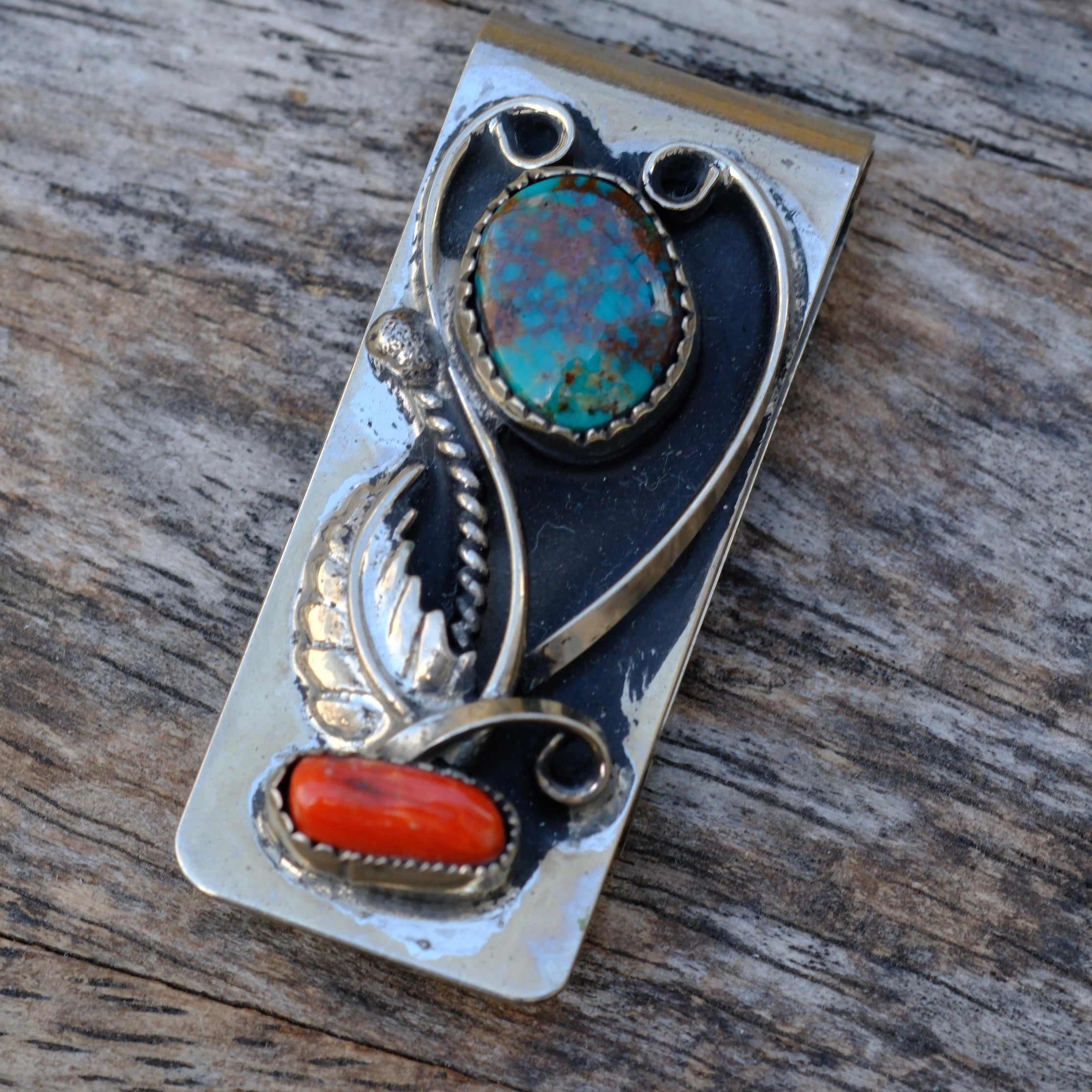 Vintage Turquoise and Coral Feather Money Clip