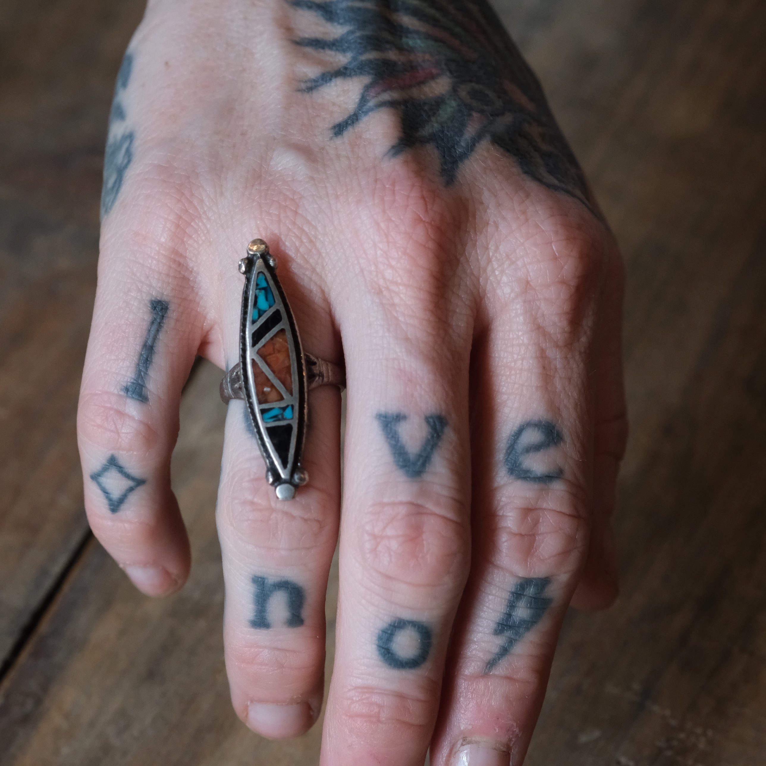 Vintage Sterling Turquoise and Coral and Onyx Ring 6