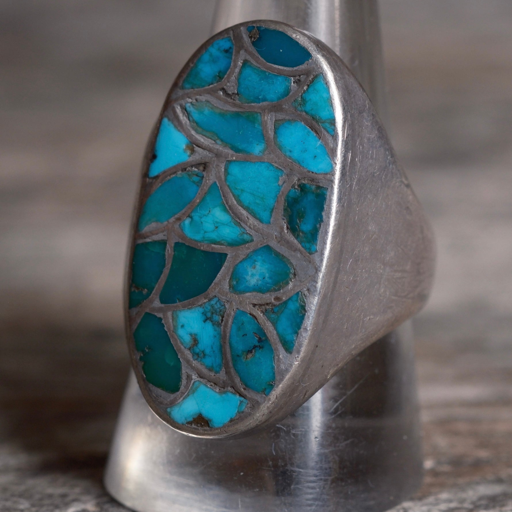 Vintage Sterling Turquoise Inlay Fish Scale Ring 10.5