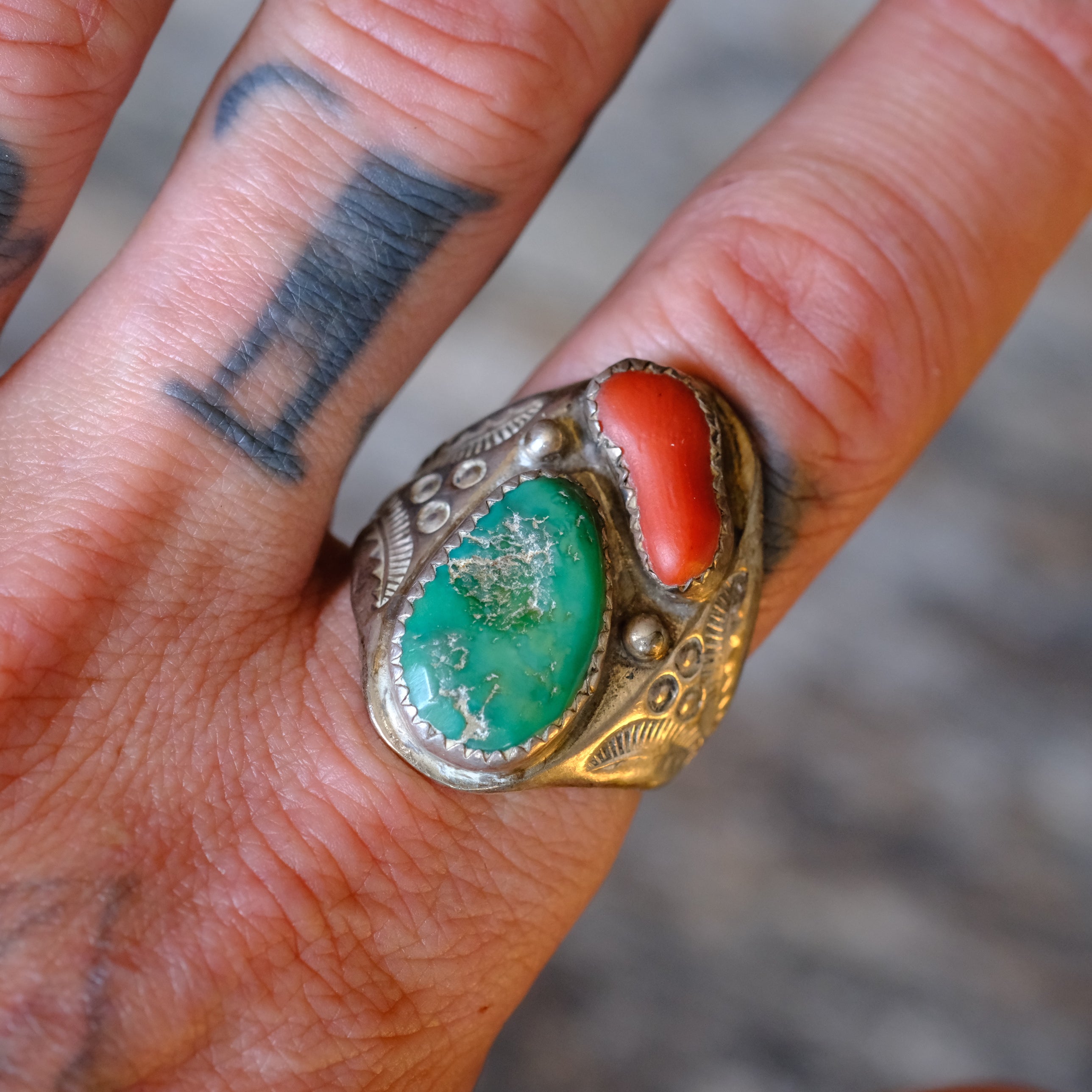 Vintage Sterling Turquoise and Coral Stamped Band Ring 11