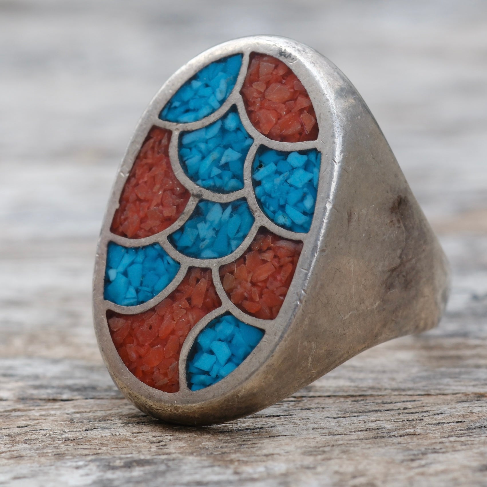 Vintage Sterling Crushed Turquoise and Coral Inlay Ring 9.75
