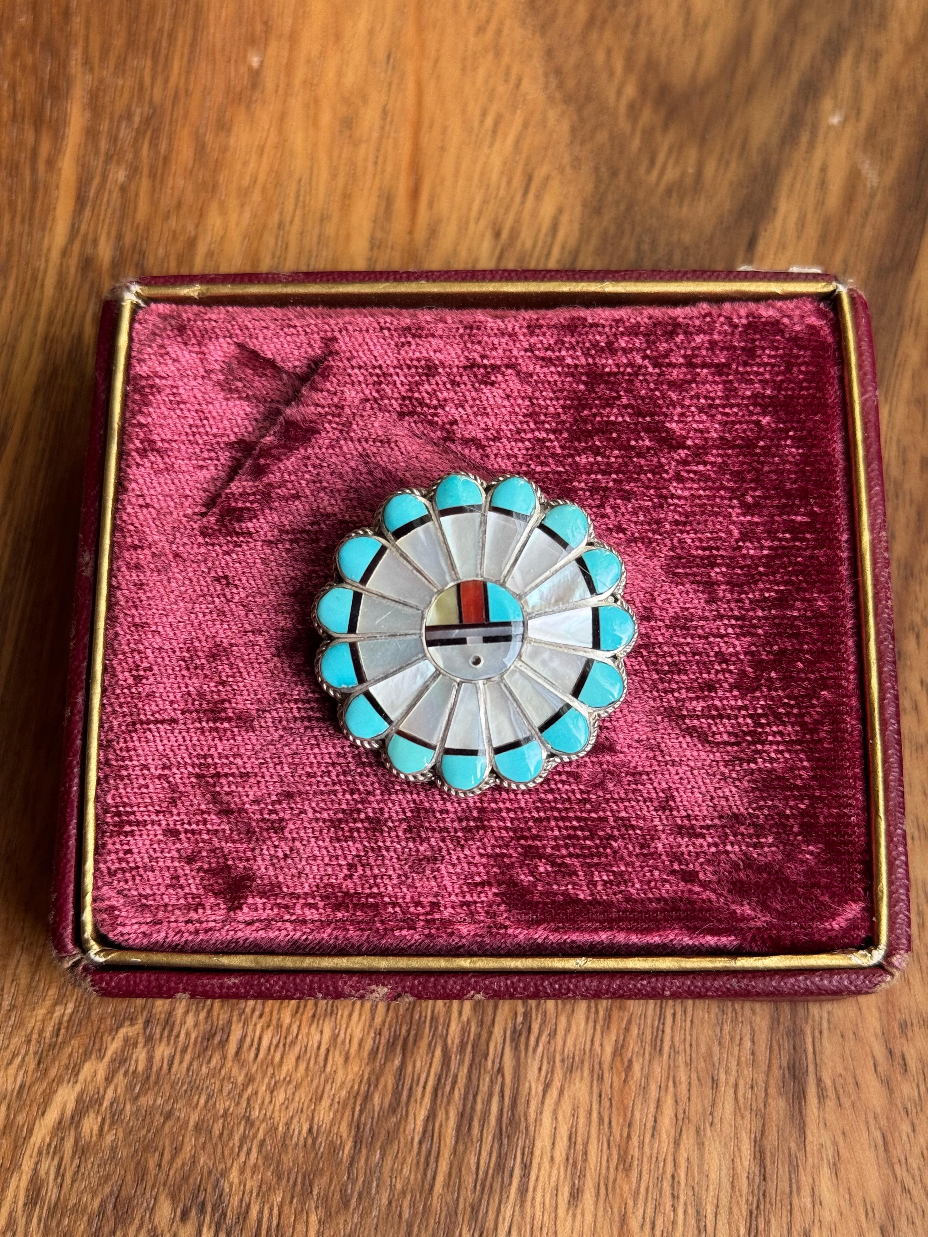 Vintage Sterling Silver Multistone Inlay Sun Face Pin/Pendant