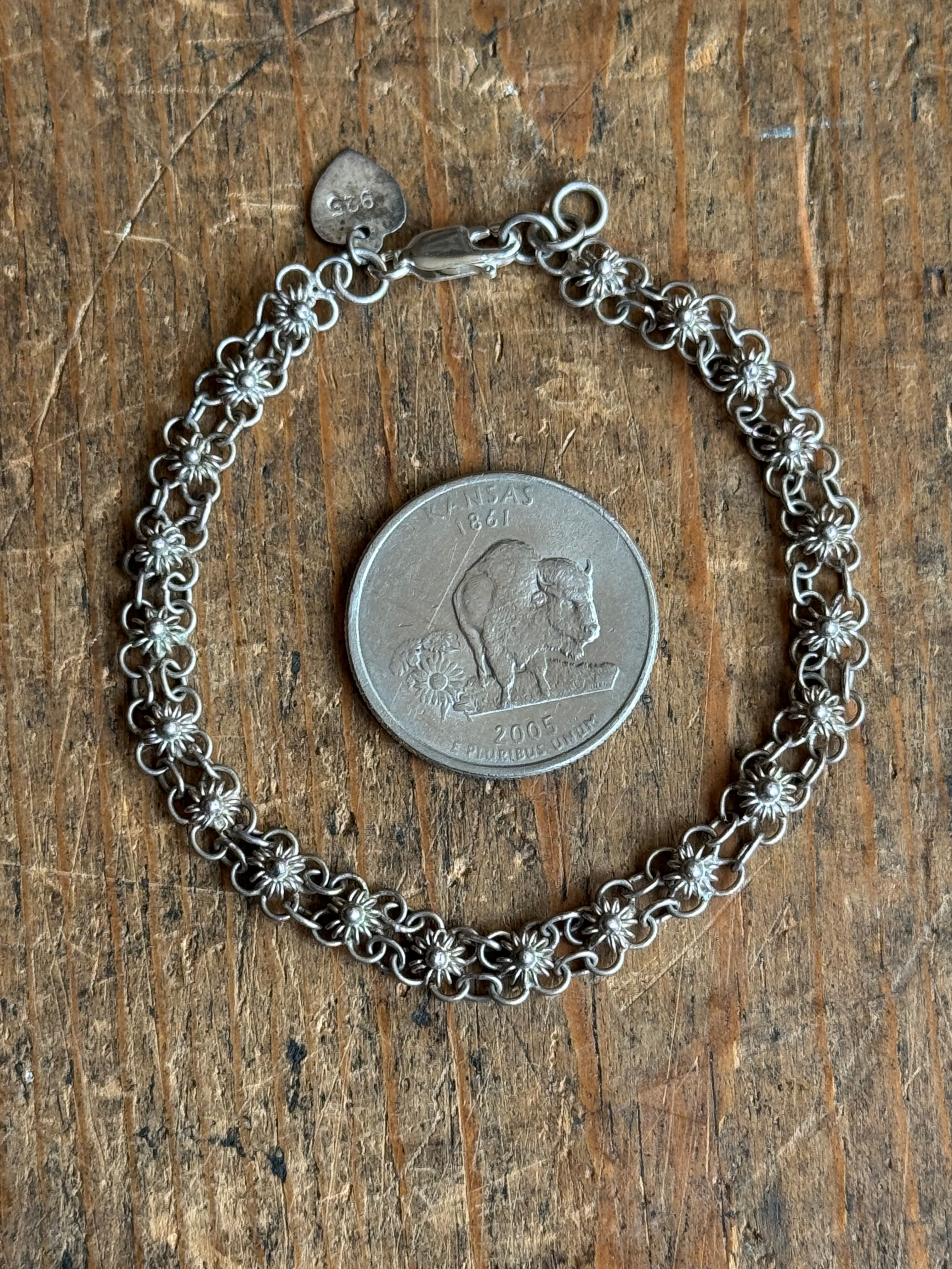 Vintage Sterling Silver 6.75” Flower Link Chain Bracelet