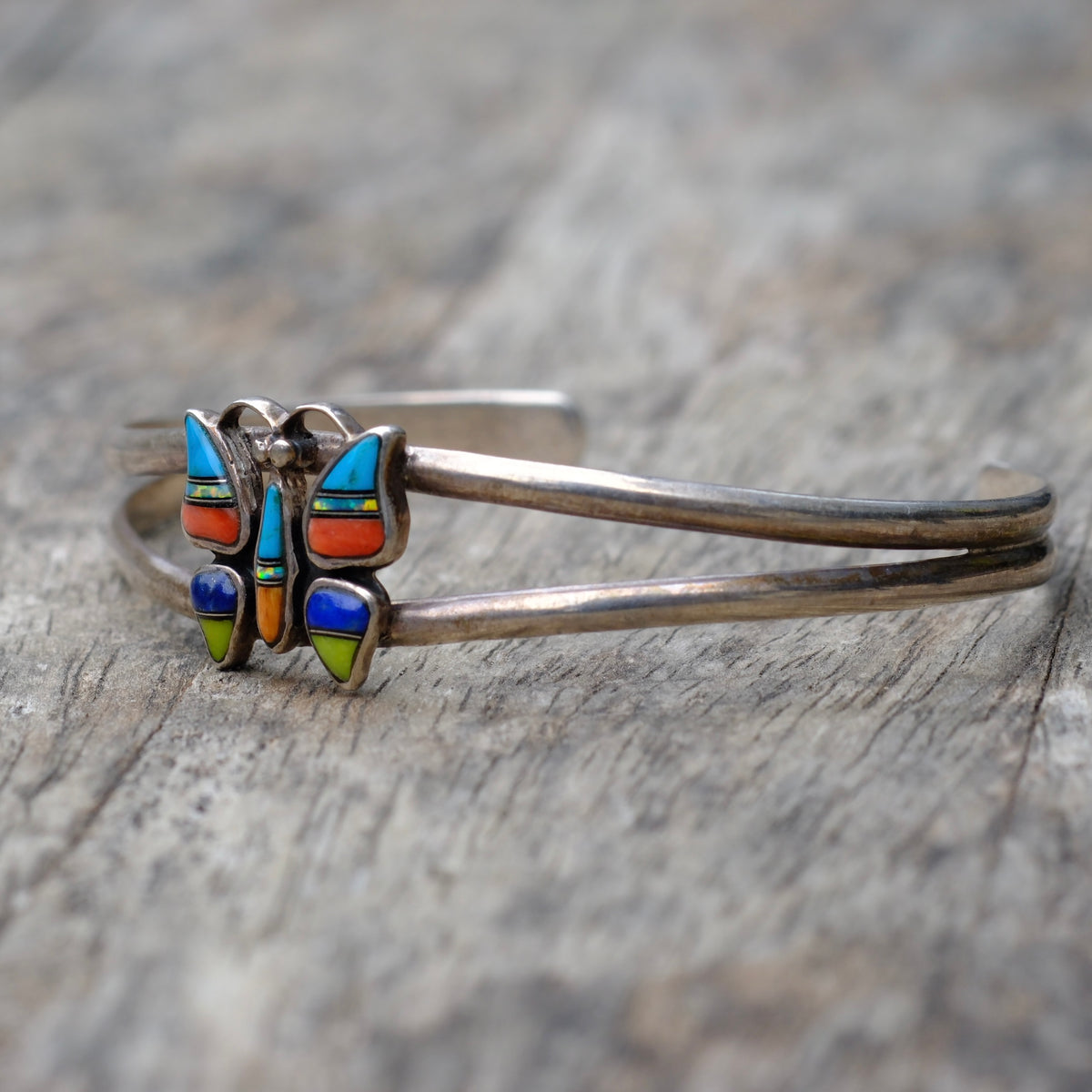 Vintage Sterling Multistone Inlay Butterfly Cuff Bracelet