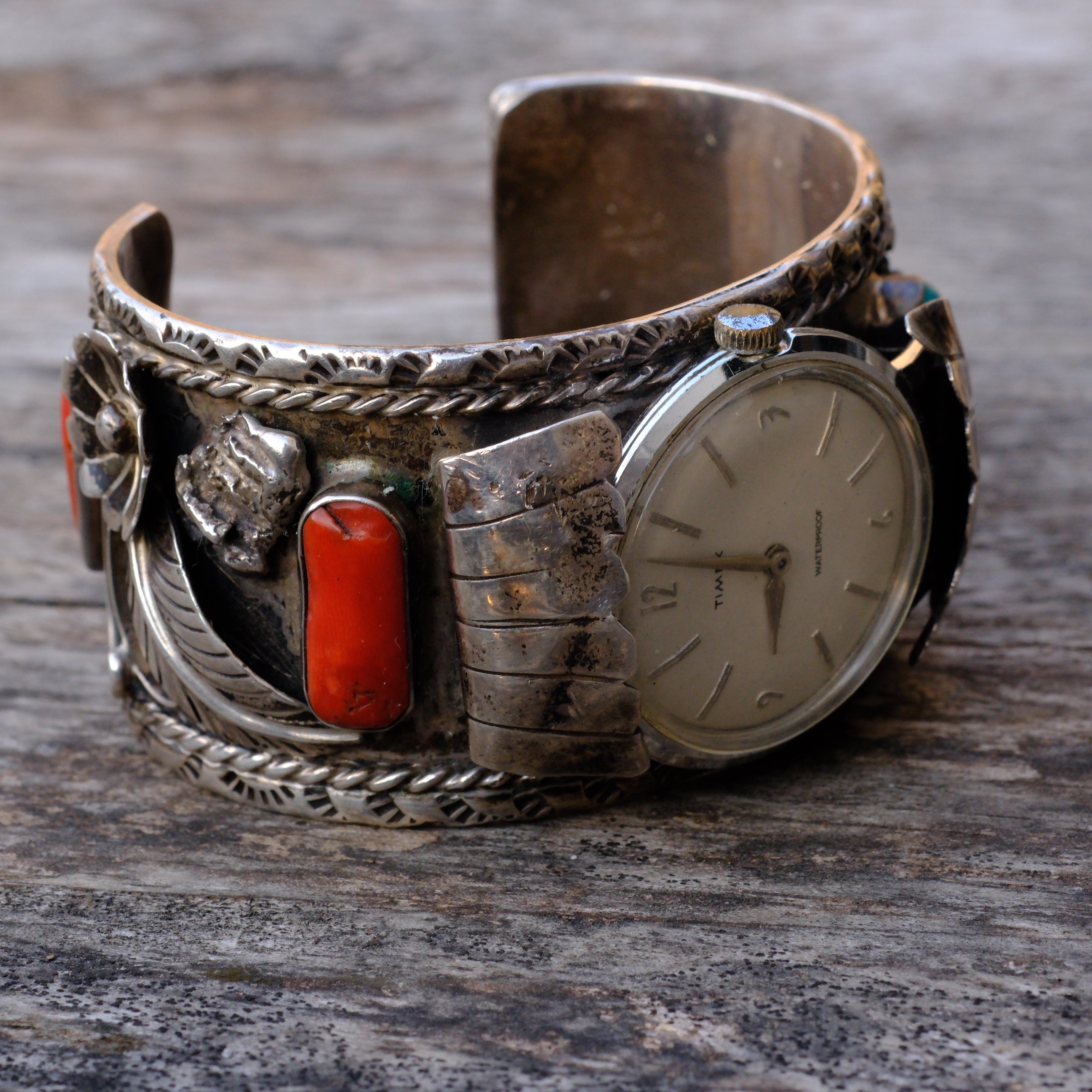 Heavy Vintage Sterling Turquoise and Coral Cuff Watch Cuff Bracelet