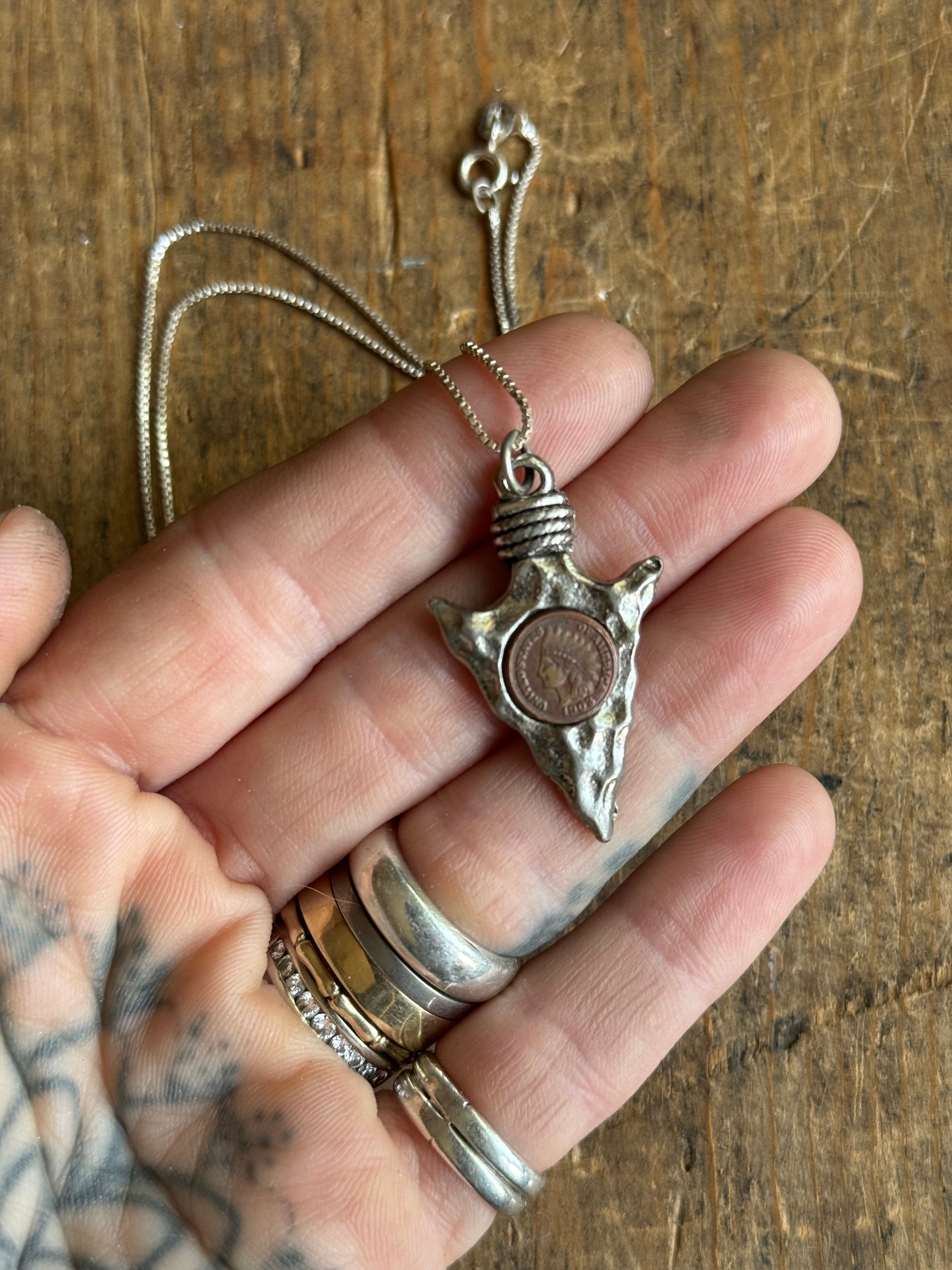 Vintage Sterling Silver Arrowhead & Copper Coin Necklace