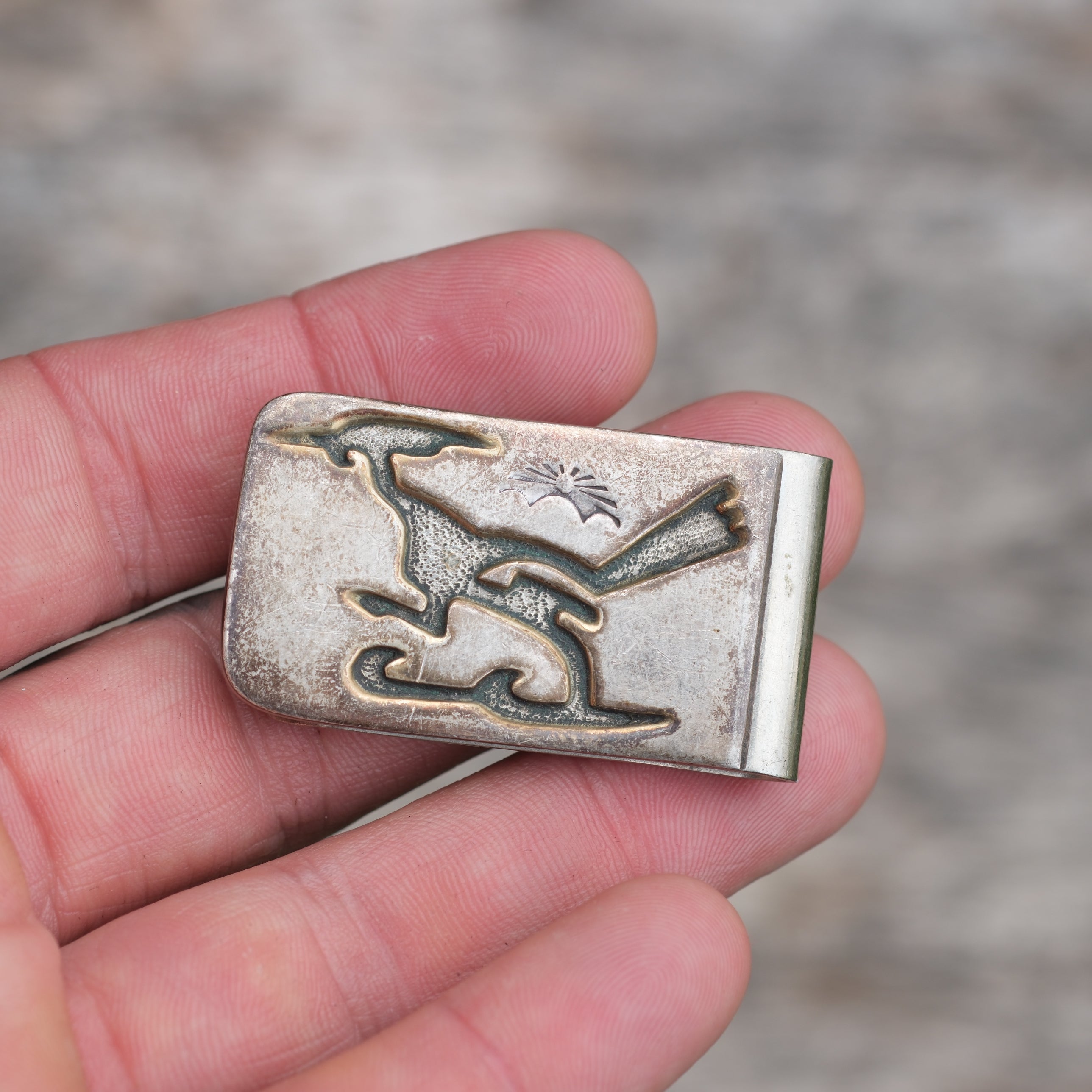 Vintage Sterling Overlay Stamped Road Runner Moneyclip Signed