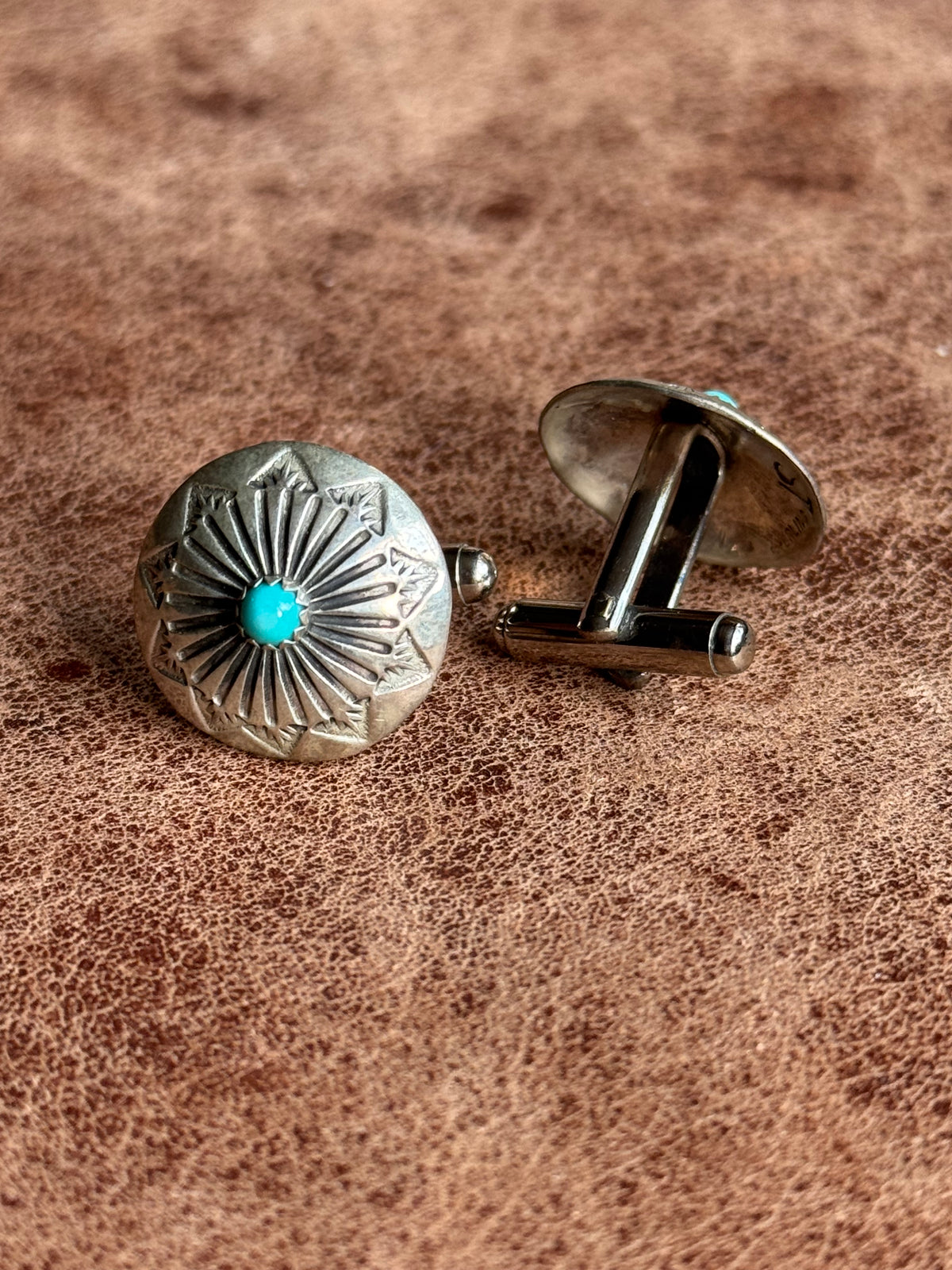 Vintage Sterling Silver Stamped Turquoise Concho Cufflinks.