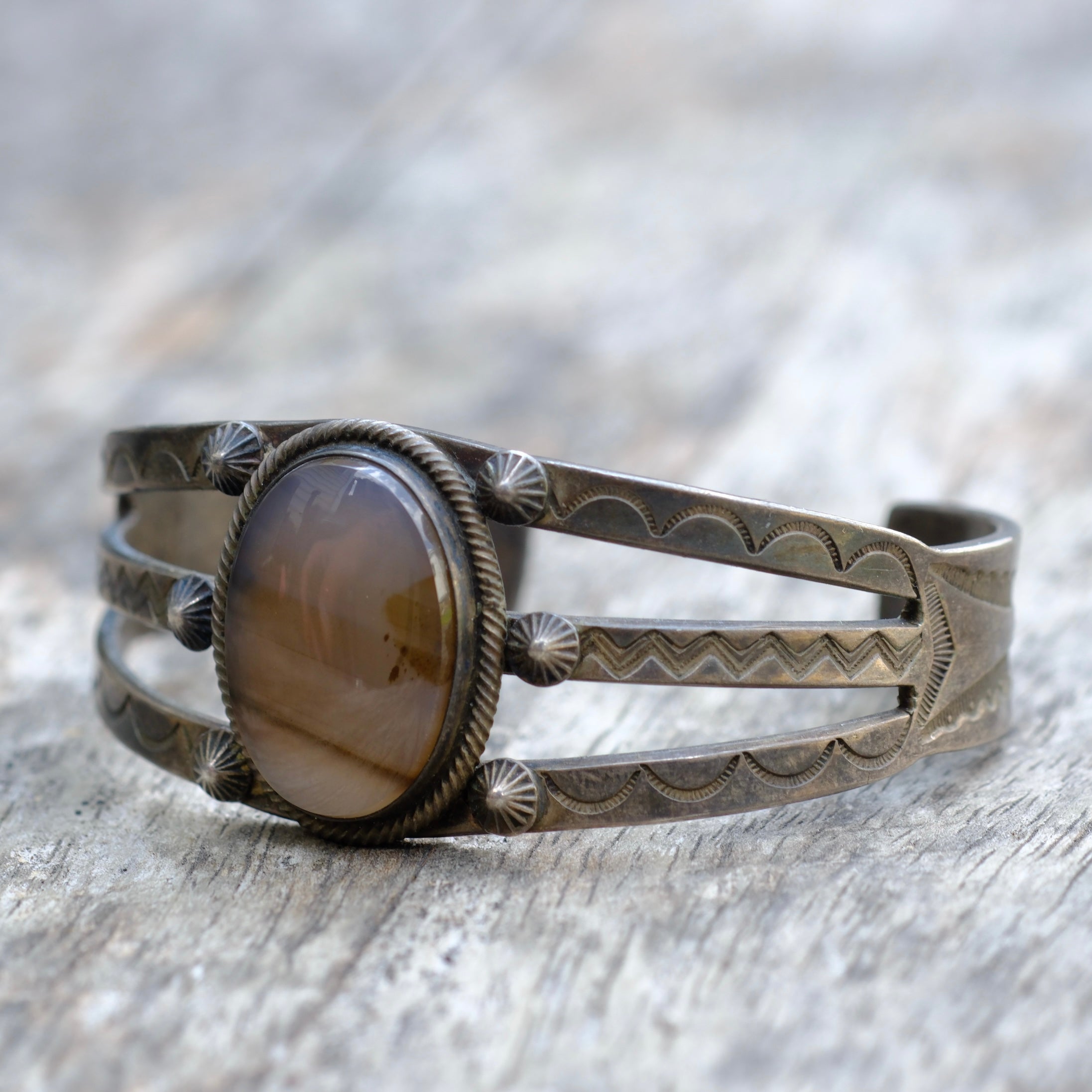 Vintage Sterling Silver Agate Stamped Cuff Bracelet