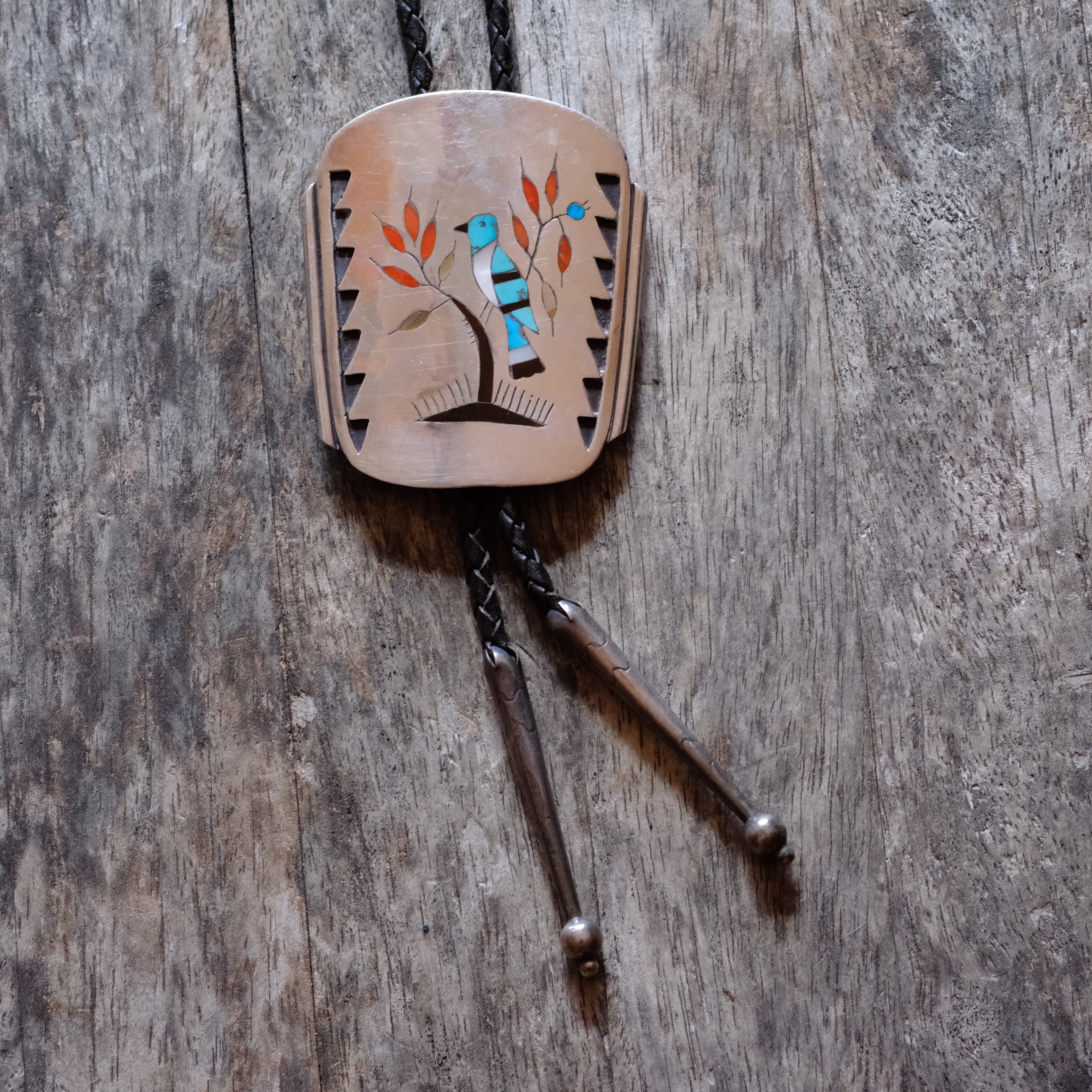 Huge Vintage Sterling Inlay Blue Jay Bolo Tie