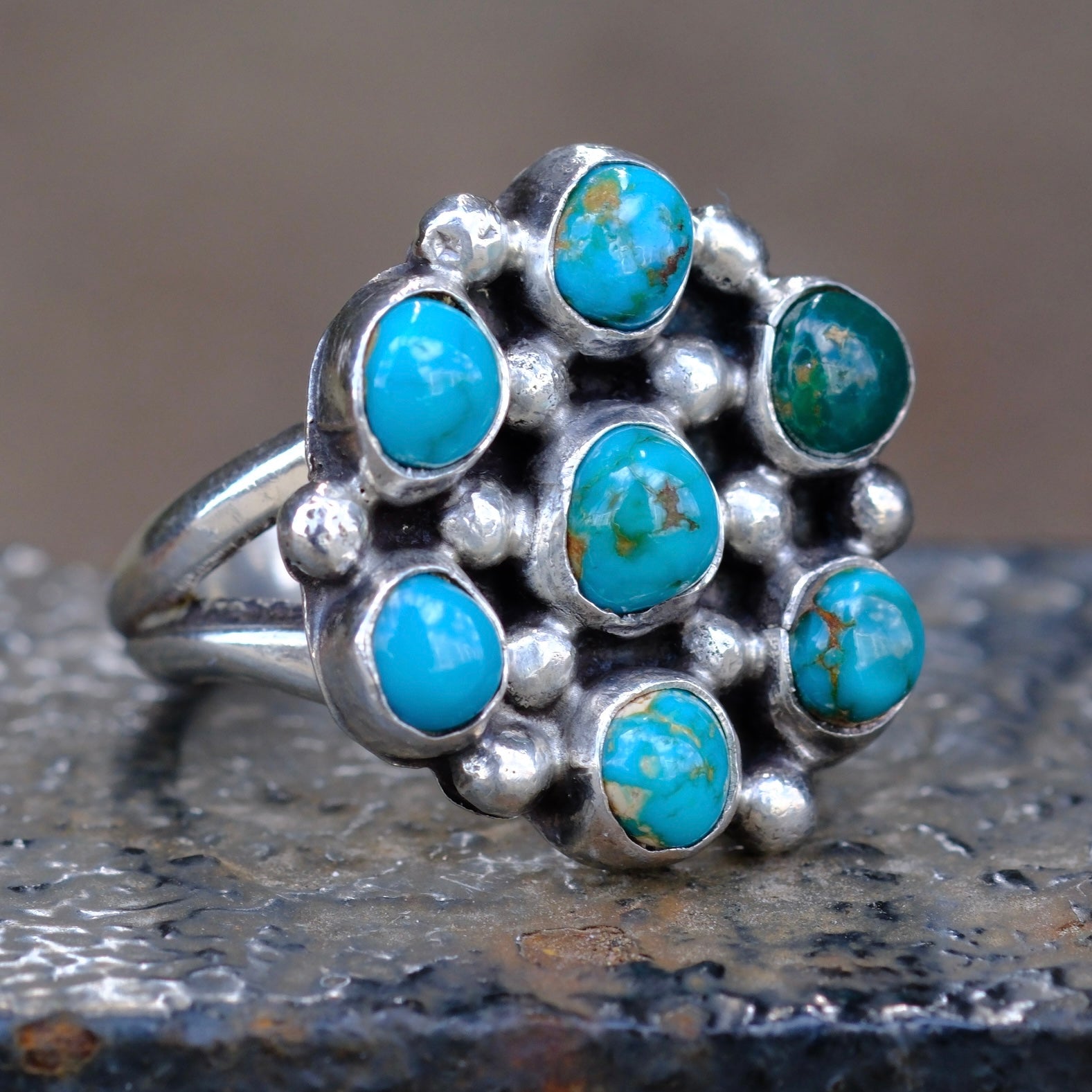 Vintage Sterling Turquoise Cluster Ring 7.25