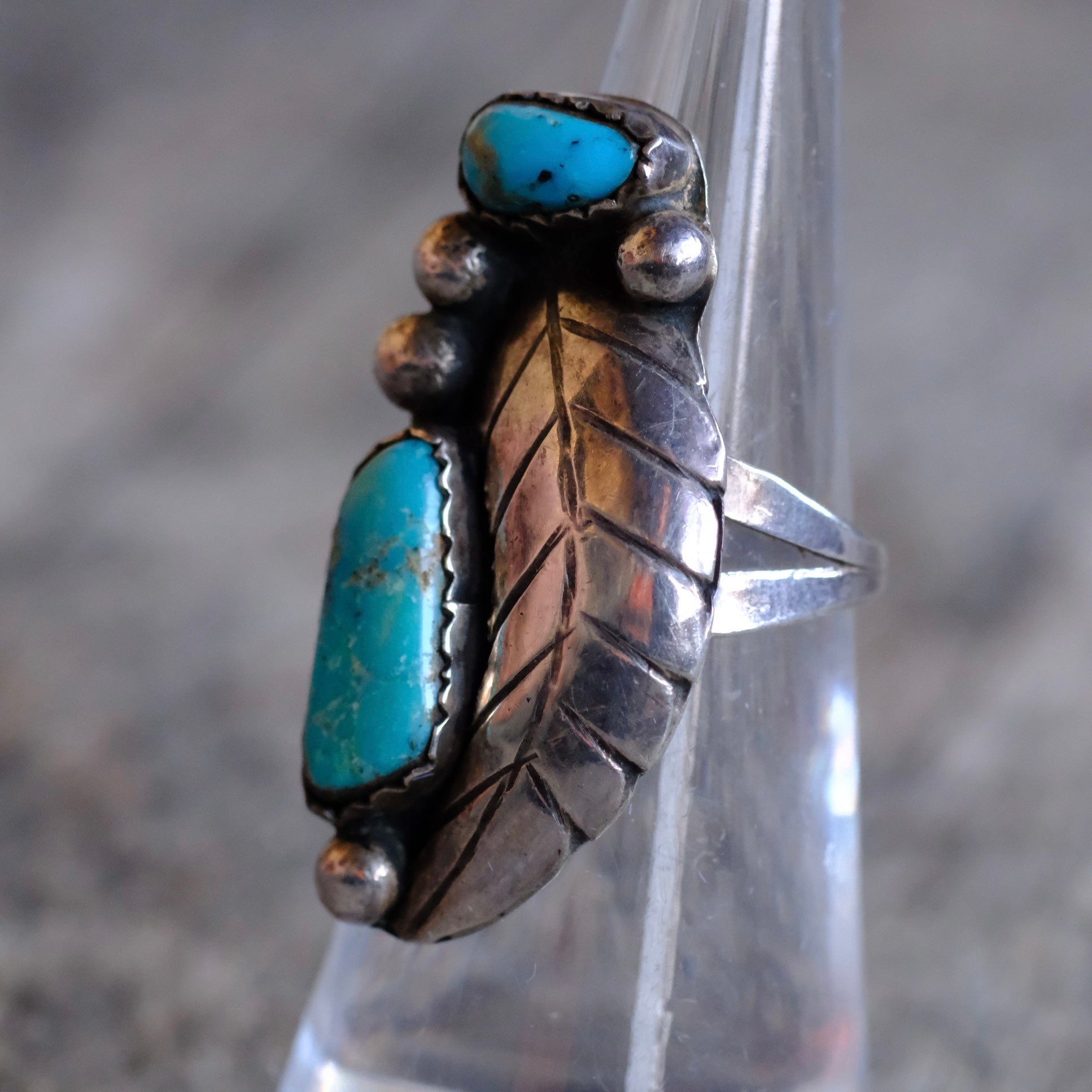 Vintage Sterling 2-Stone Turquoise Feather Ring 6.75