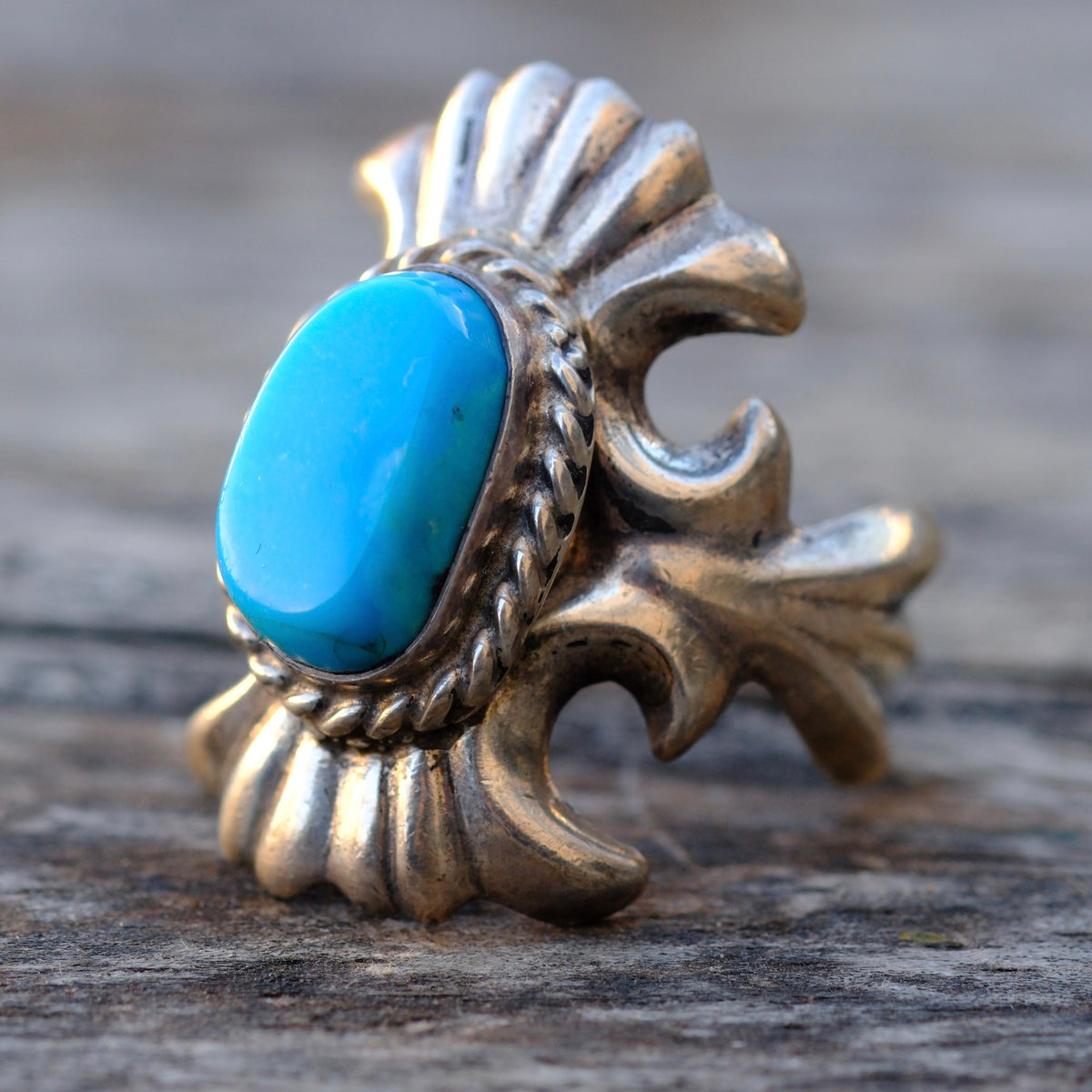 Vintage Sterling Turquoise Sandcast Ring 10.5