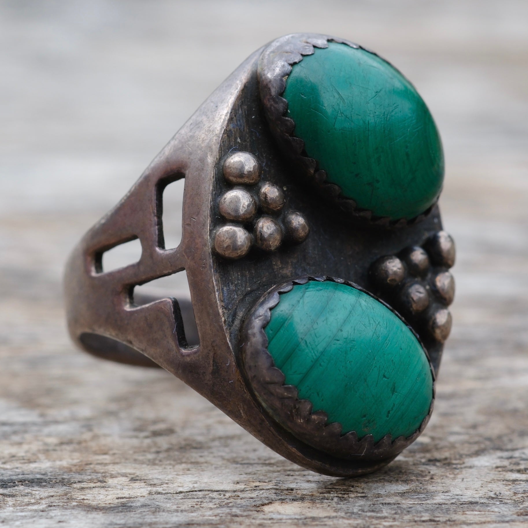 Vintage Sterling 2-Stone Malachite Ring 11.75