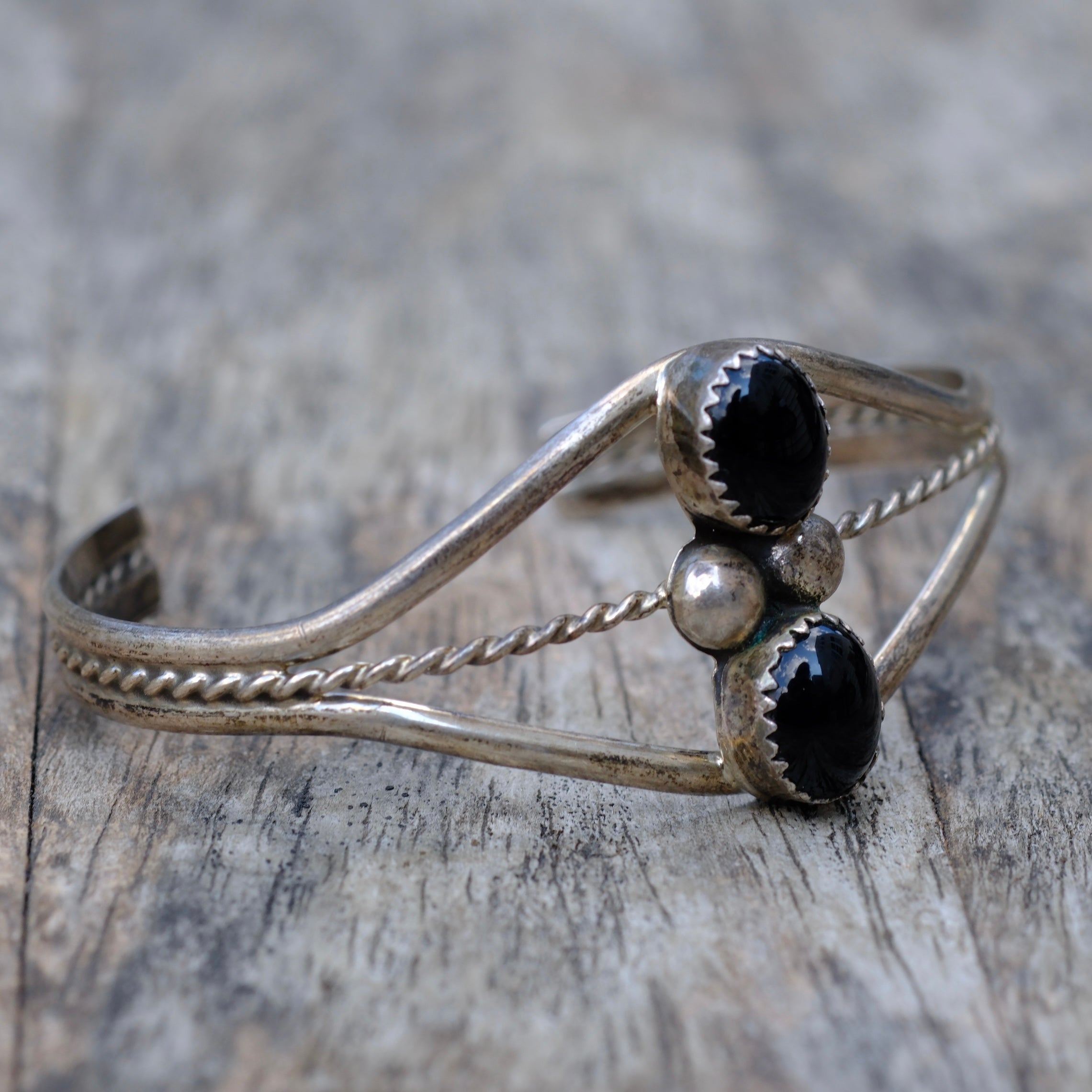 Vintage Sterling 2-Stone Onyx Cuff Bracelet