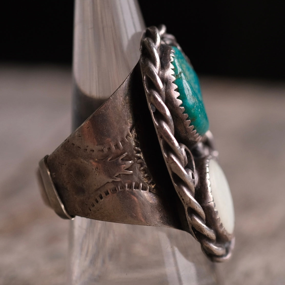 Vintage Sterling Turquoise and Mother Of Pearl Ring 9.5