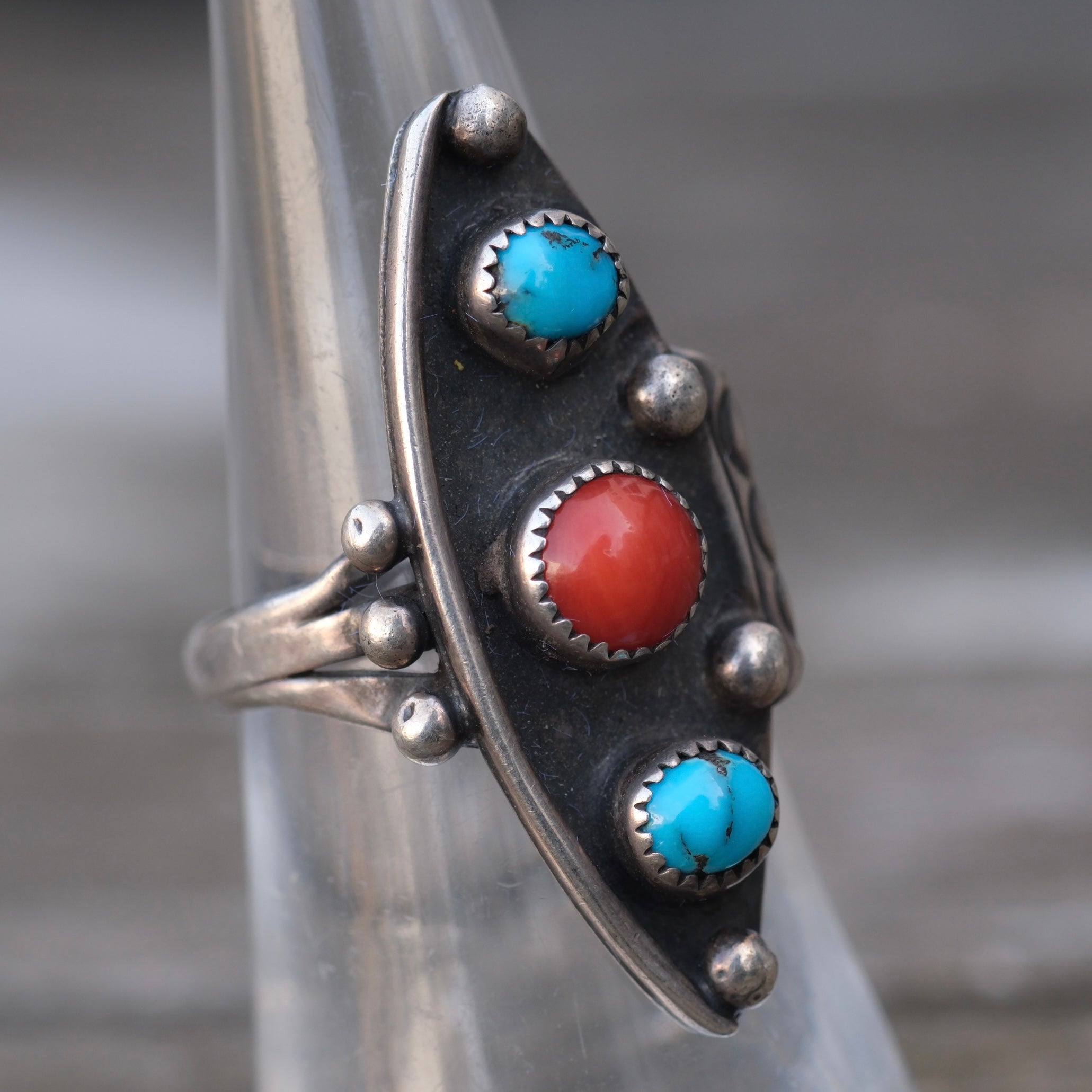 Vintage Sterling Turquoise and Coral Ring 6.5