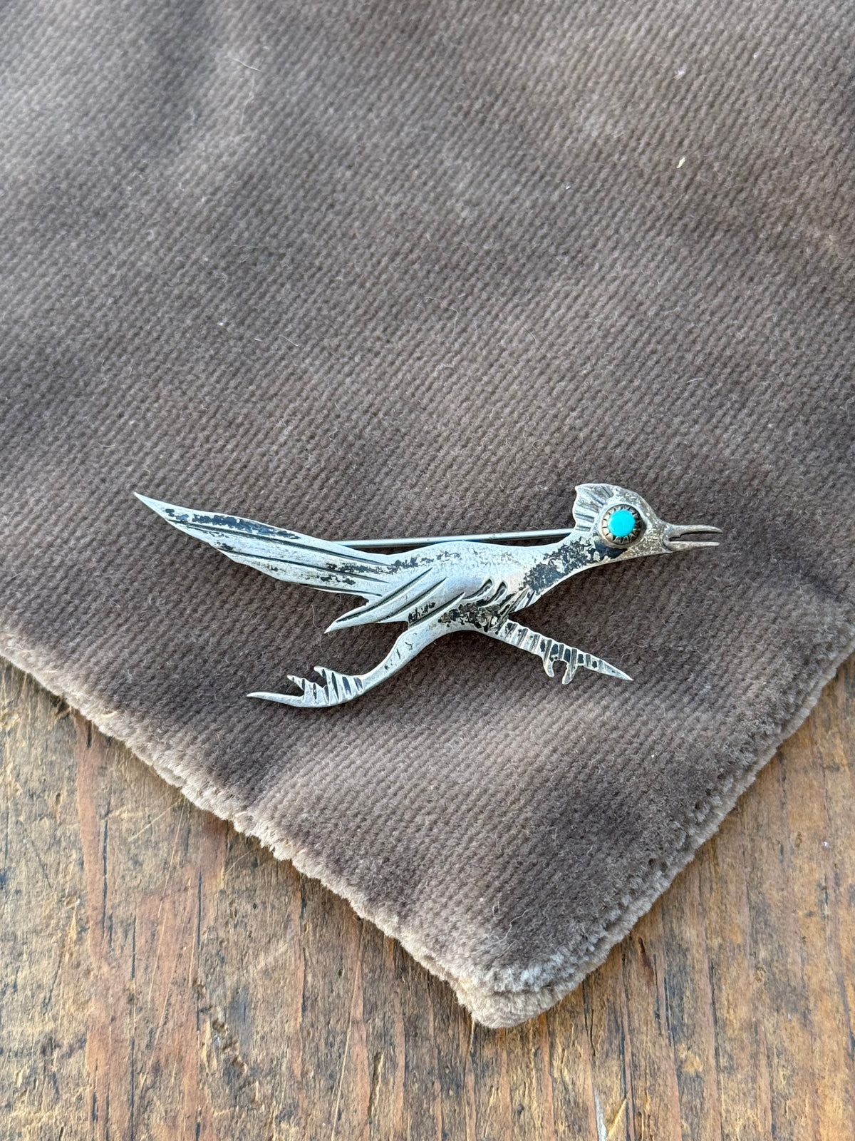 Vintage Sterling Silver Turquoise Roadrunner Pin