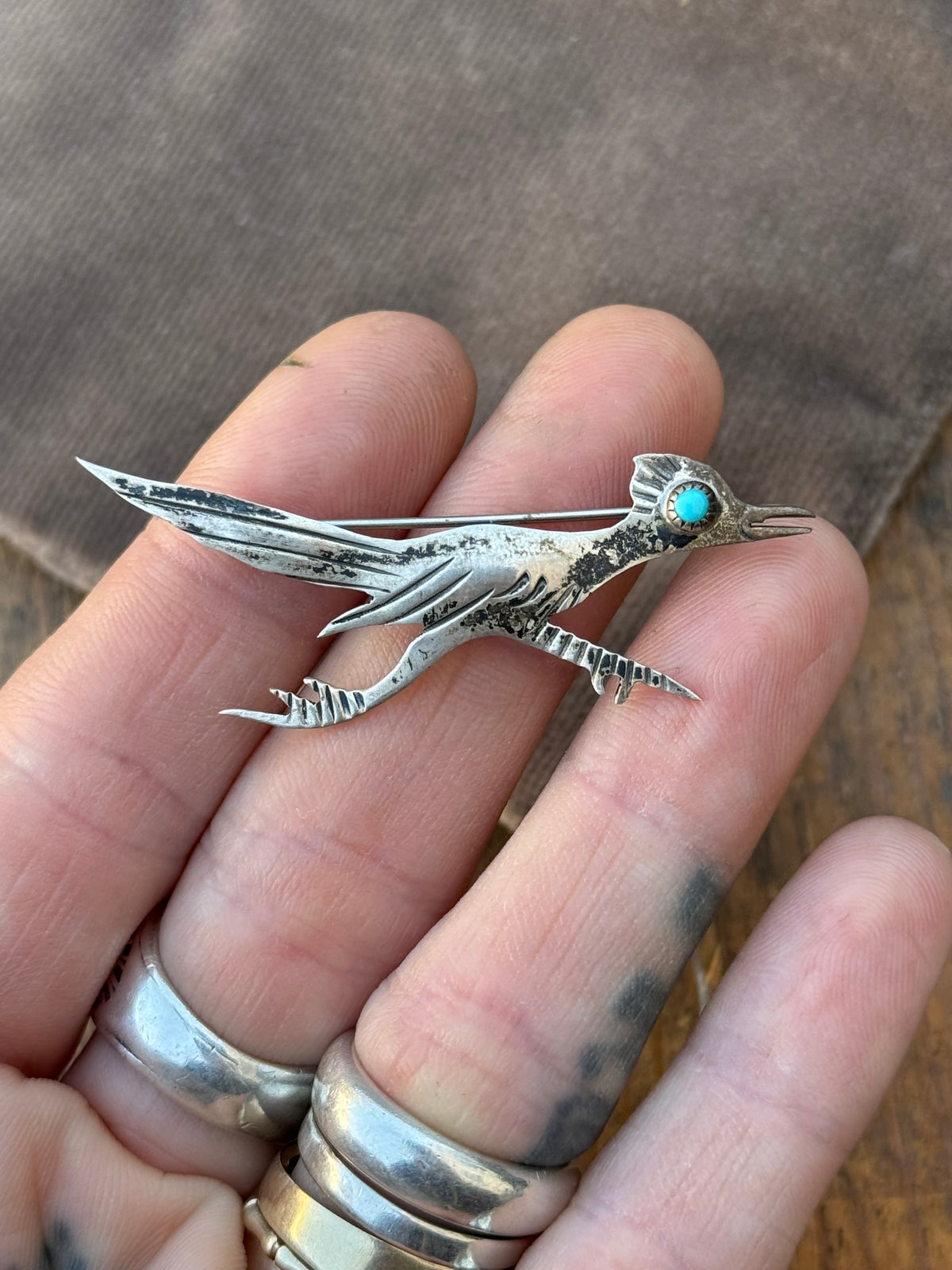 Vintage Sterling Silver Turquoise Roadrunner Pin