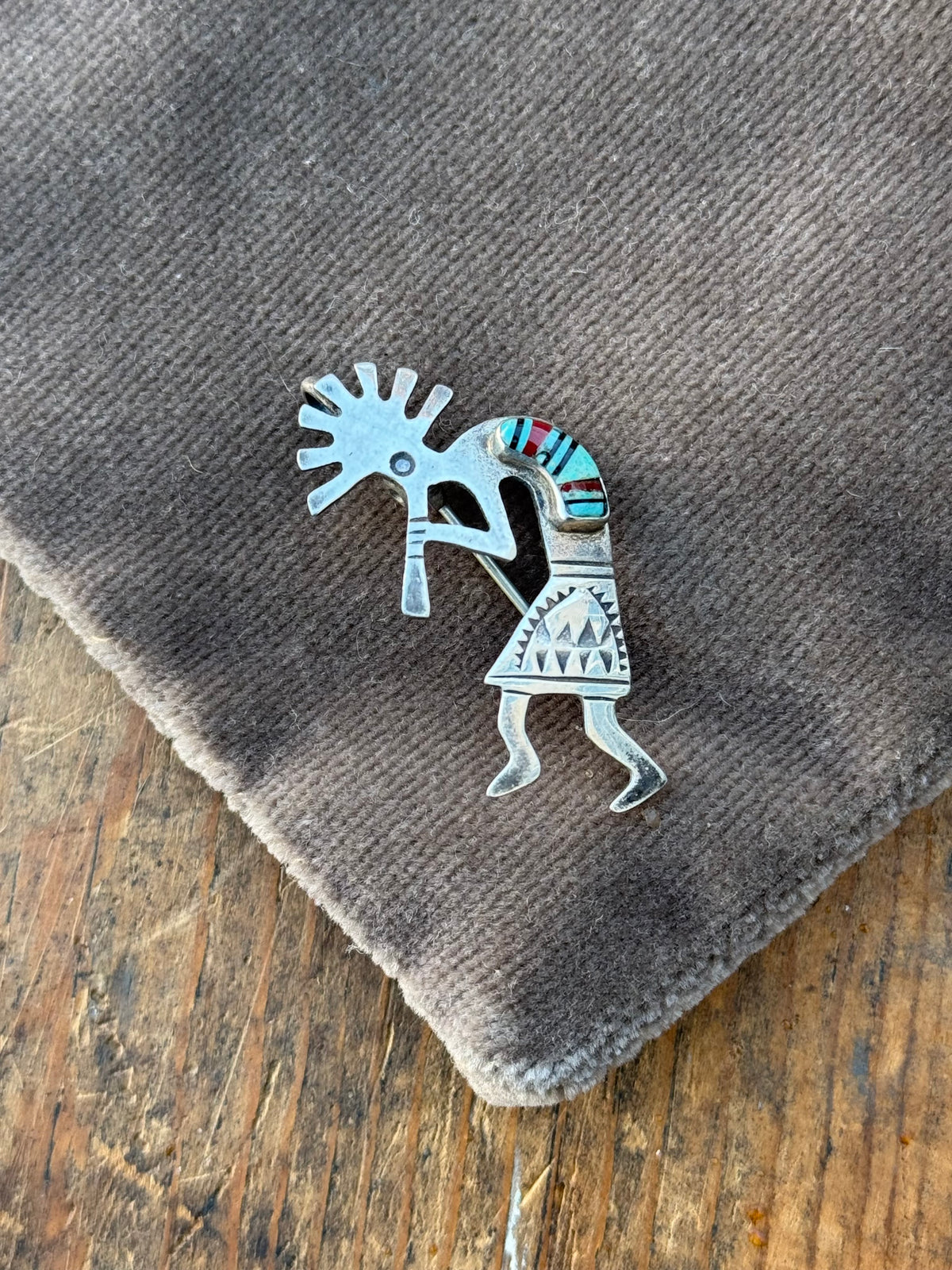 Vintage Sterling Silver Multistone Inlay Kokopelli Pin Pendant