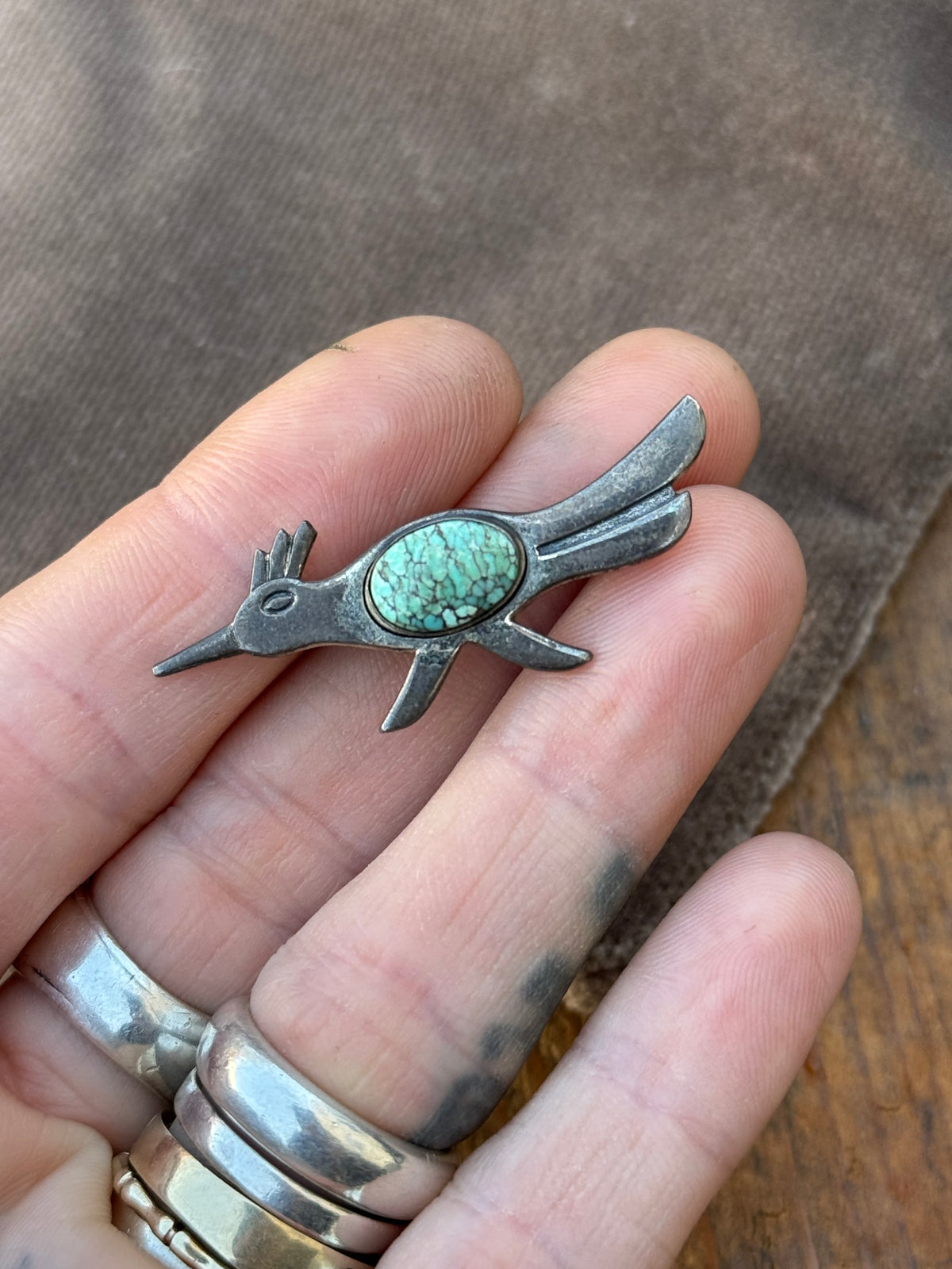Vintage Sterling Silver Turquoise Roadrunner Pin