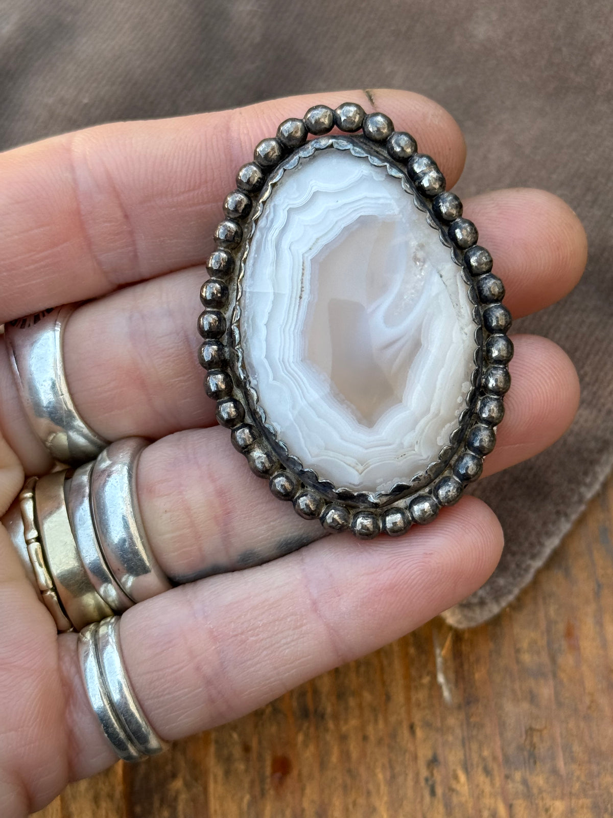 Vintage Sterling Silver Lace Agate Pin