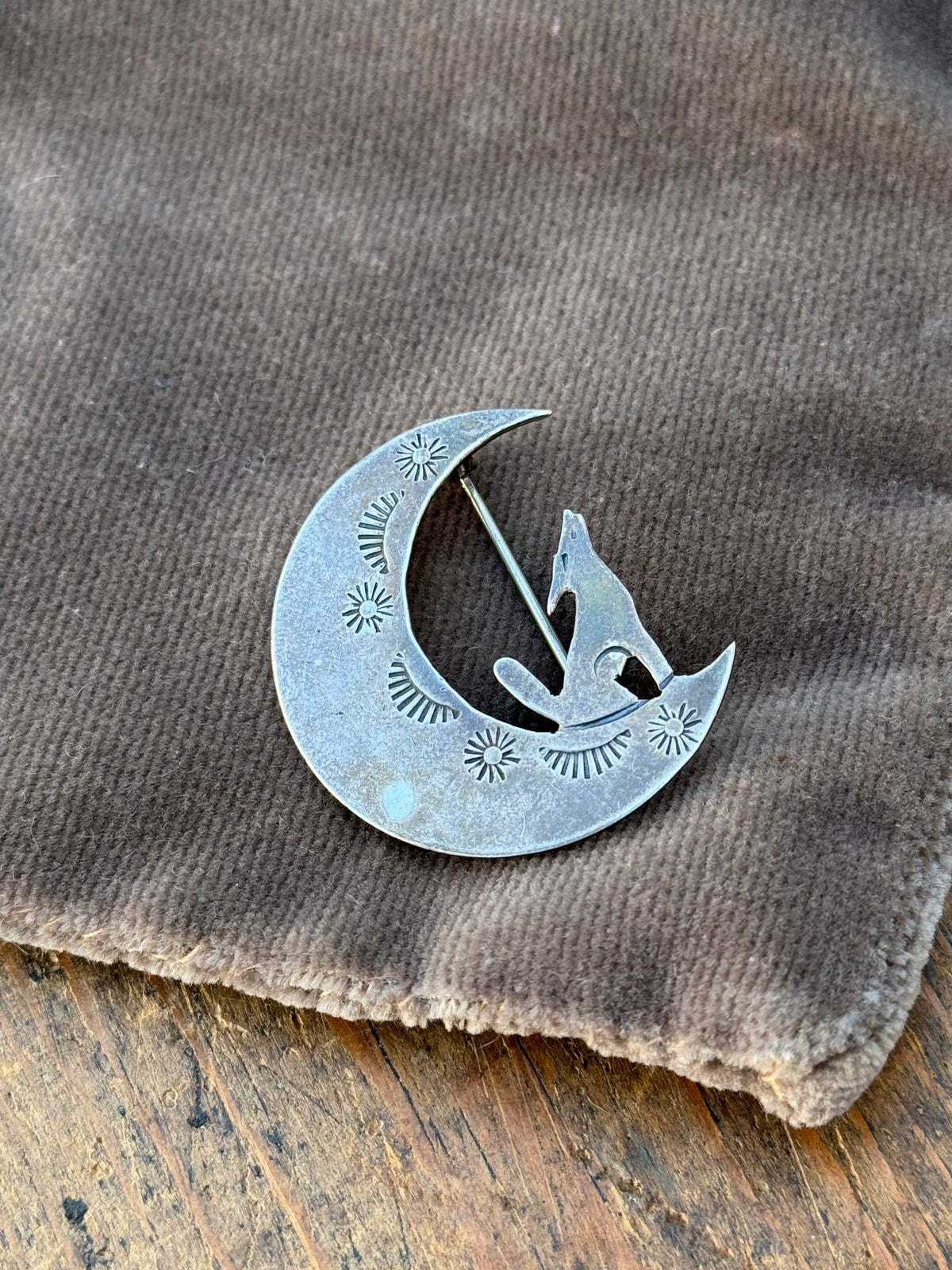 Vintage Sterling Silver Coyote Crescent Moon Pin