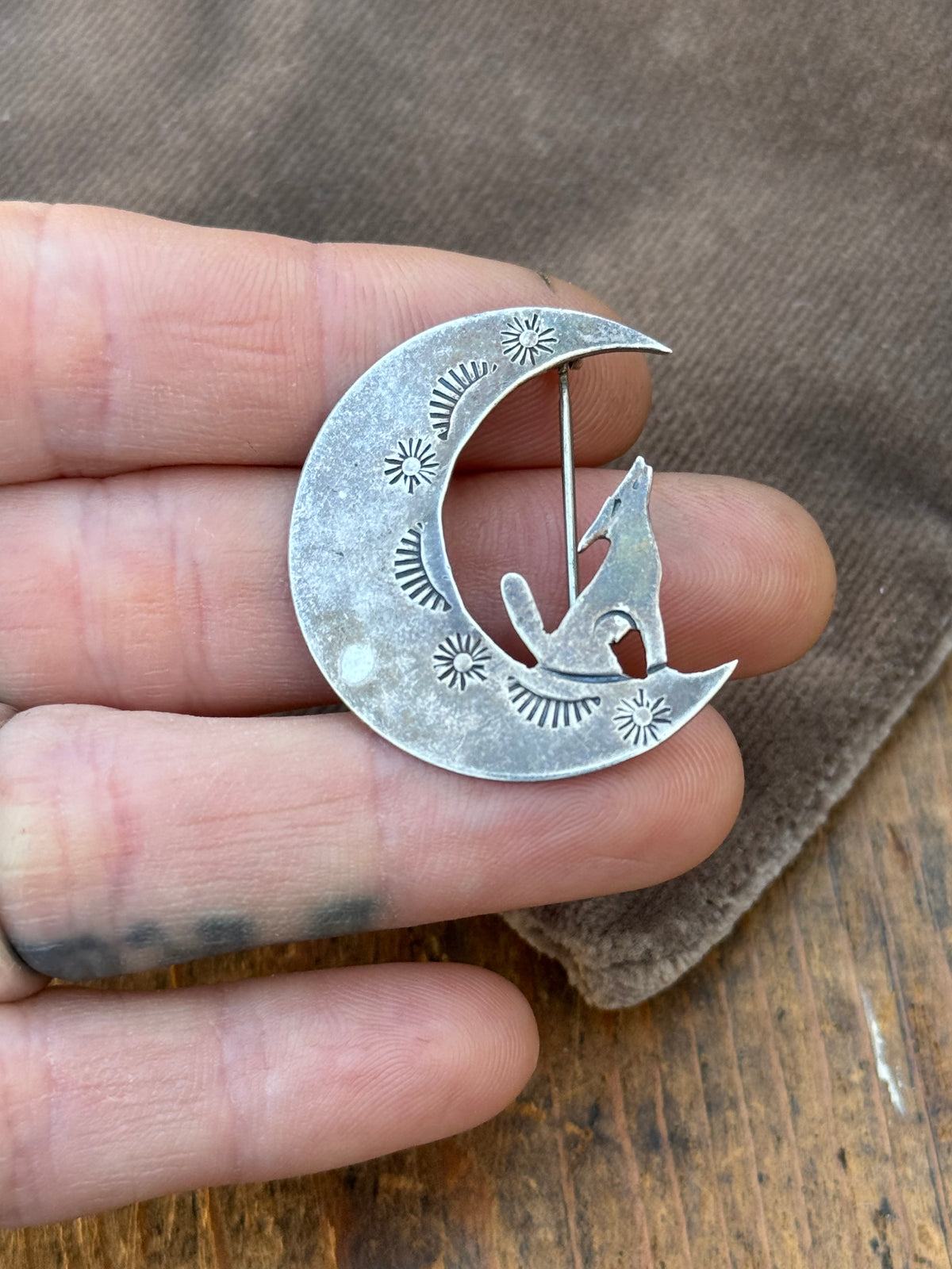 Vintage Sterling Silver Coyote Crescent Moon Pin