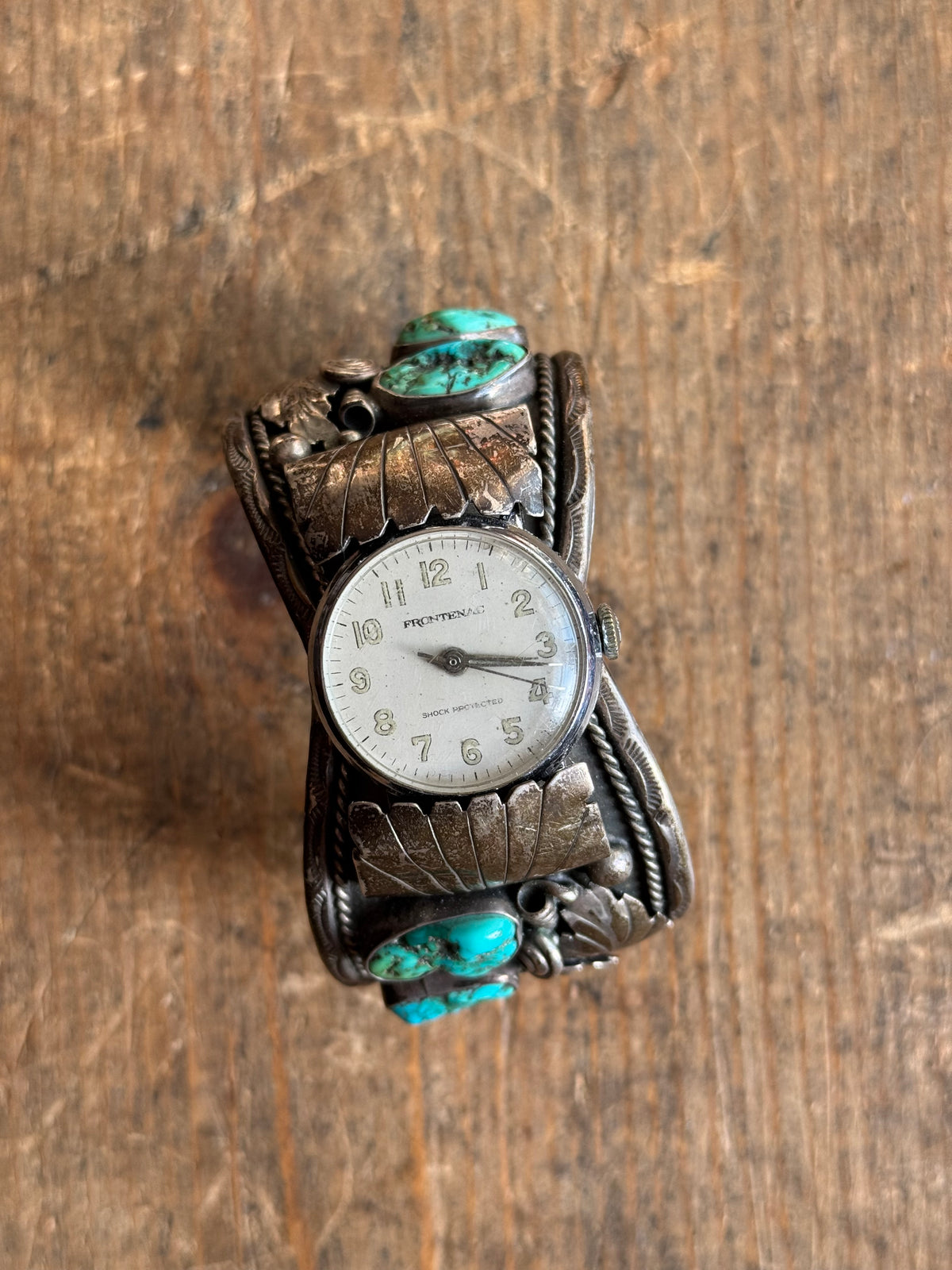 Vintage Sterling Silver Turquoise Feather Watch Cuff Bracelet