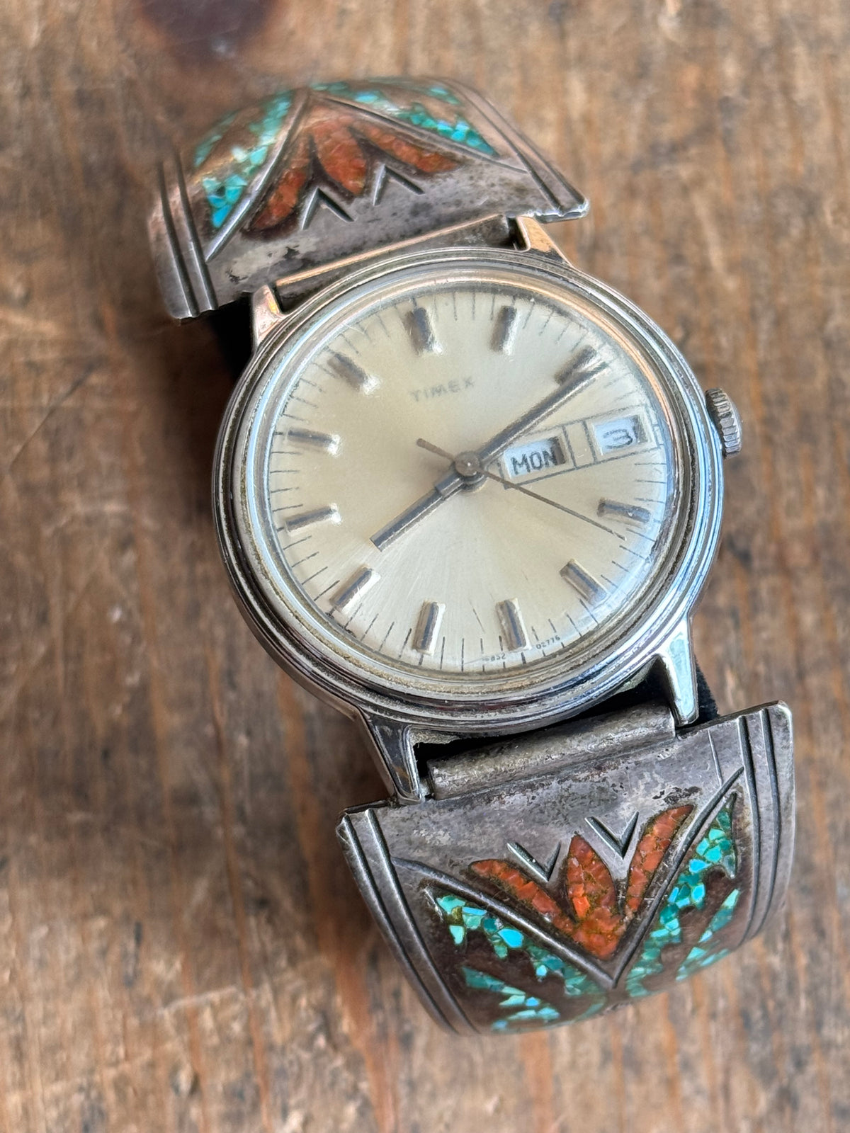 Vintage Sterling Silver Crushed Turquoise & Coral Watch Bracelet