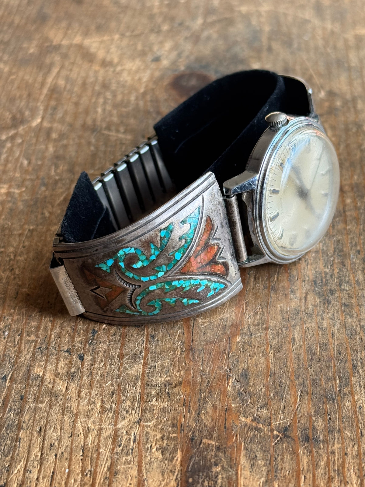 Vintage Sterling Silver Crushed Turquoise & Coral Watch Bracelet