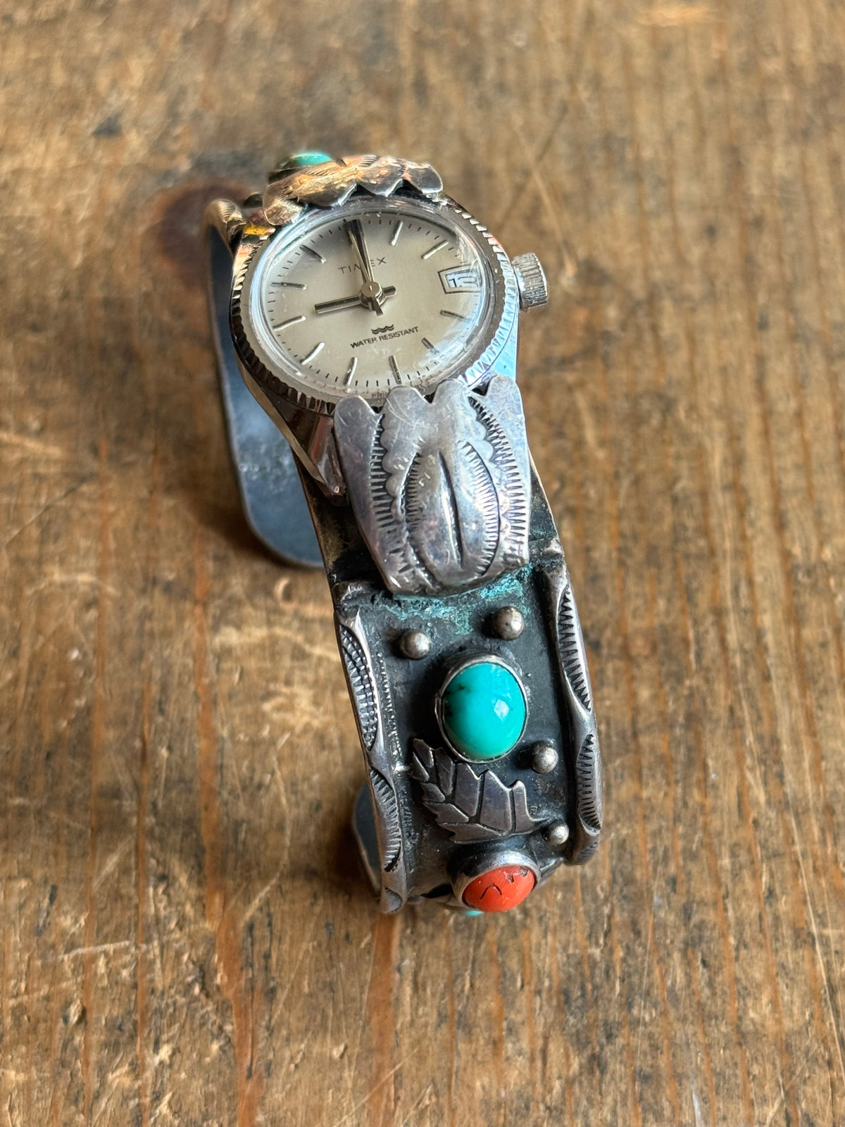 Vintage Sterling Silver Turquoise & Coral Leaf Watch Cuff Bracelet