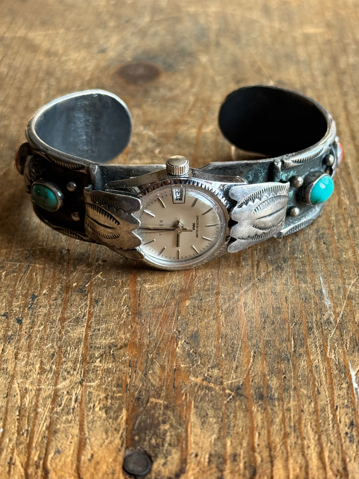 Vintage Sterling Silver Turquoise & Coral Leaf Watch Cuff Bracelet