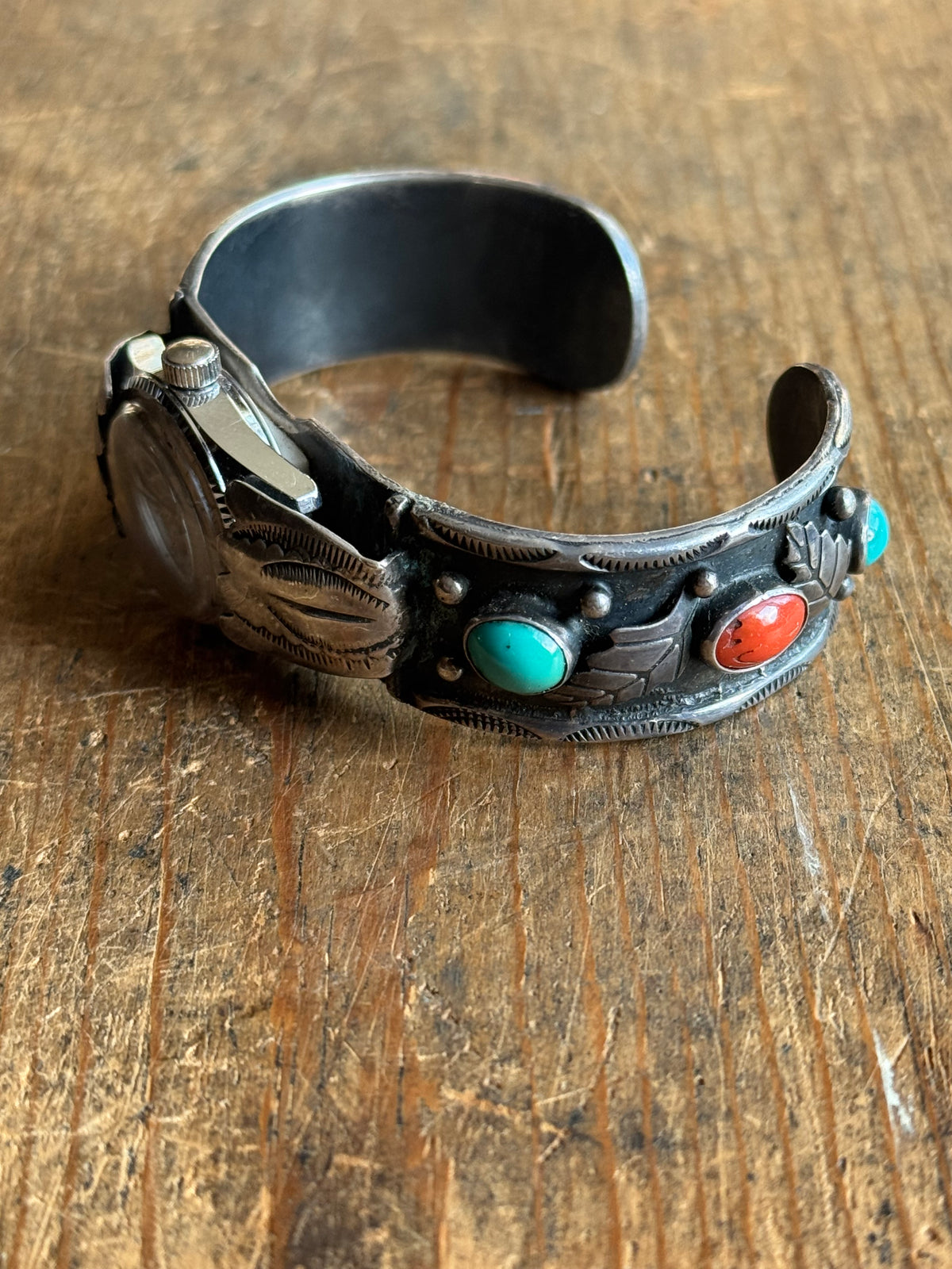 Vintage Sterling Silver Turquoise & Coral Leaf Watch Cuff Bracelet