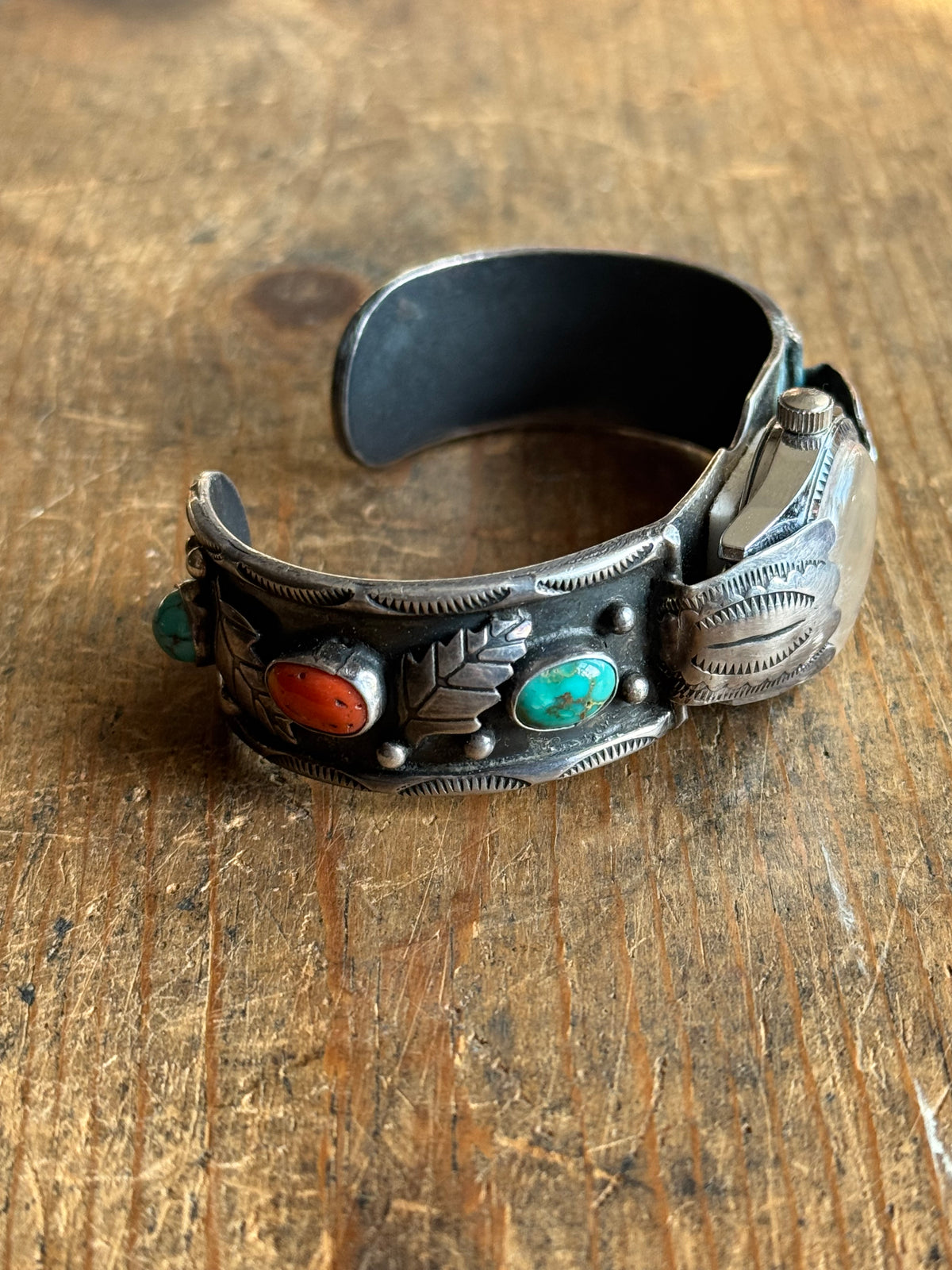 Vintage Sterling Silver Turquoise & Coral Leaf Watch Cuff Bracelet