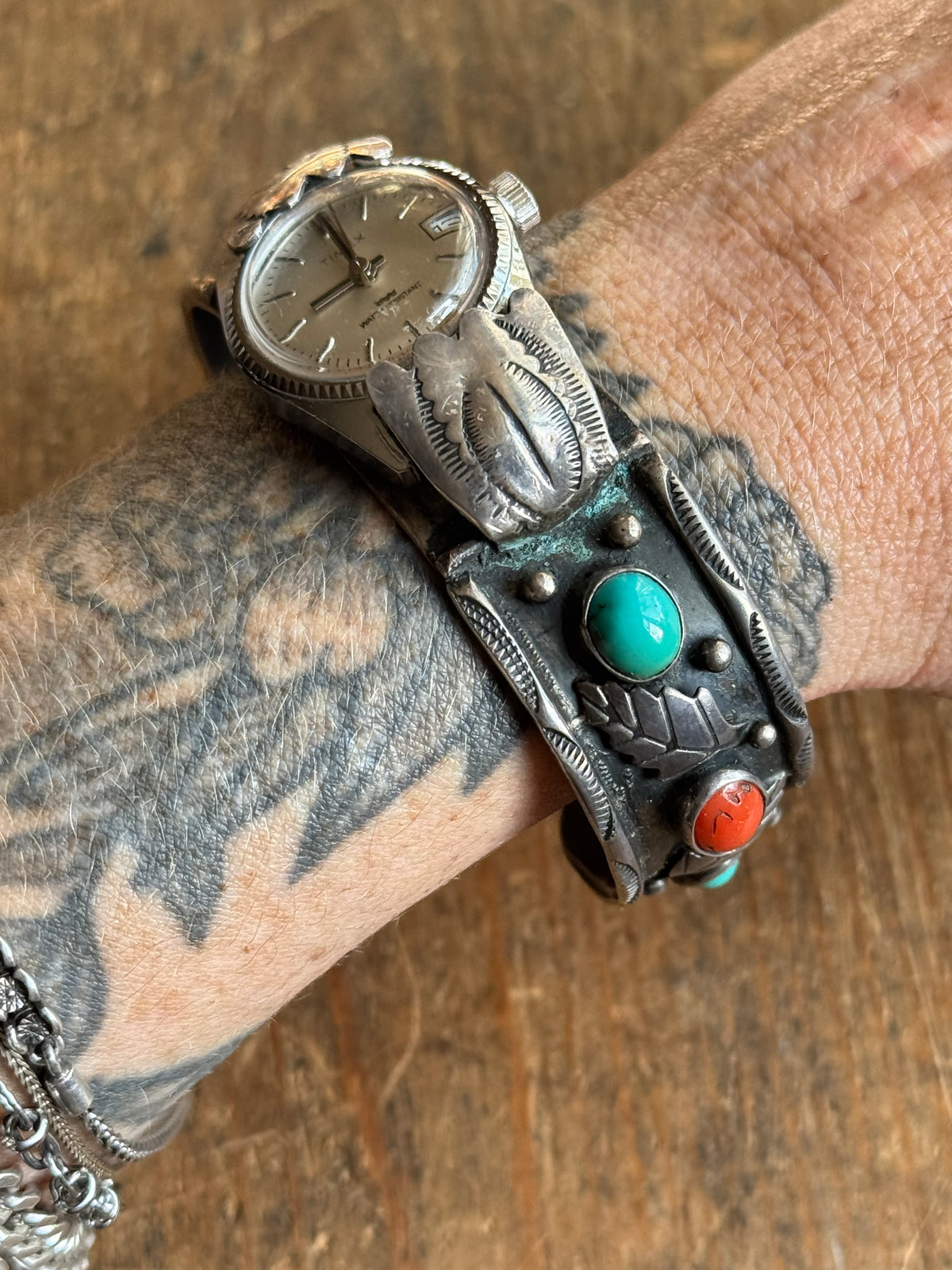 Vintage Sterling Silver Turquoise & Coral Leaf Watch Cuff Bracelet