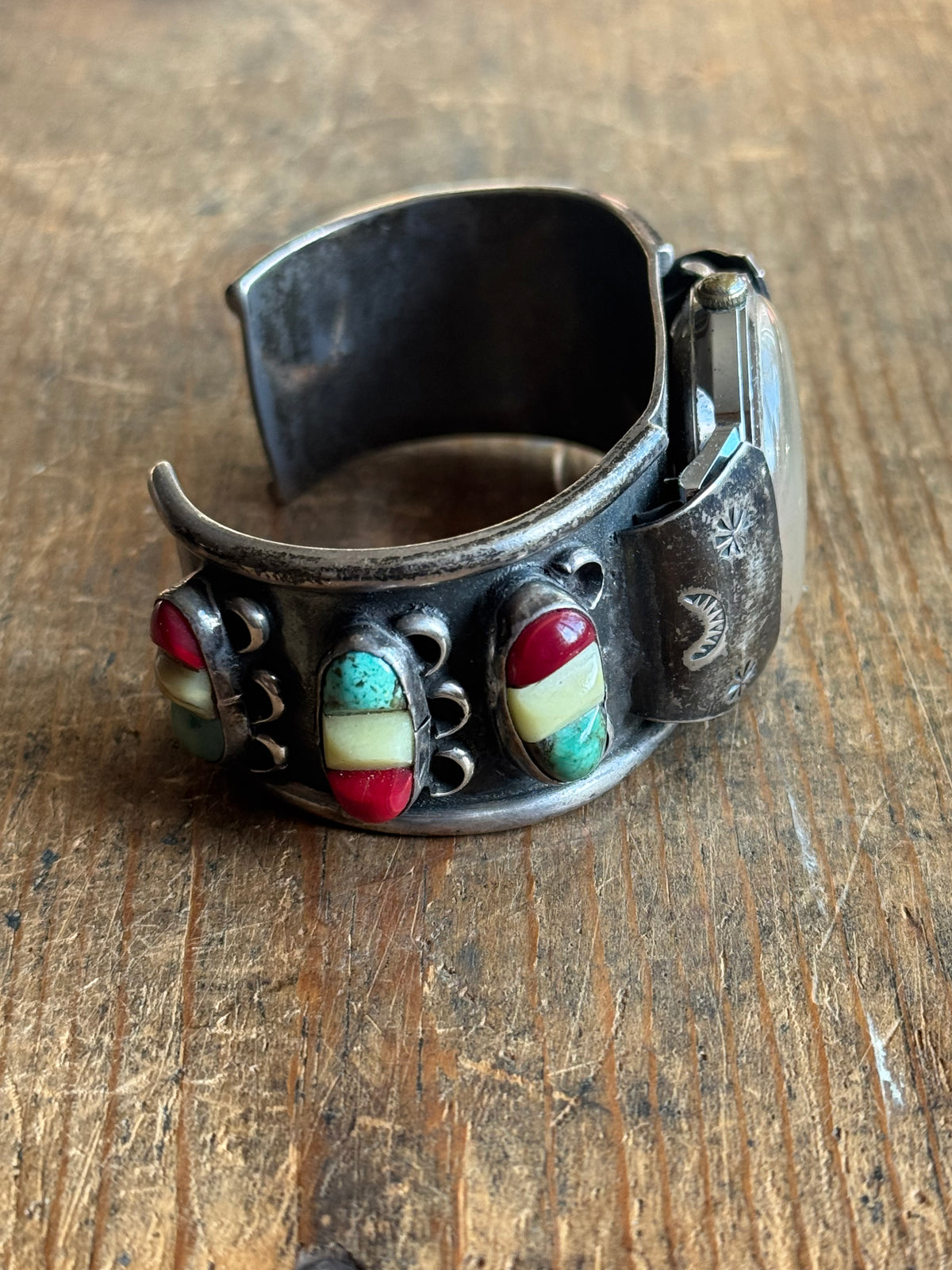 Vintage Sterling Silver Multistone Stamped Watch Cuff Bracelet