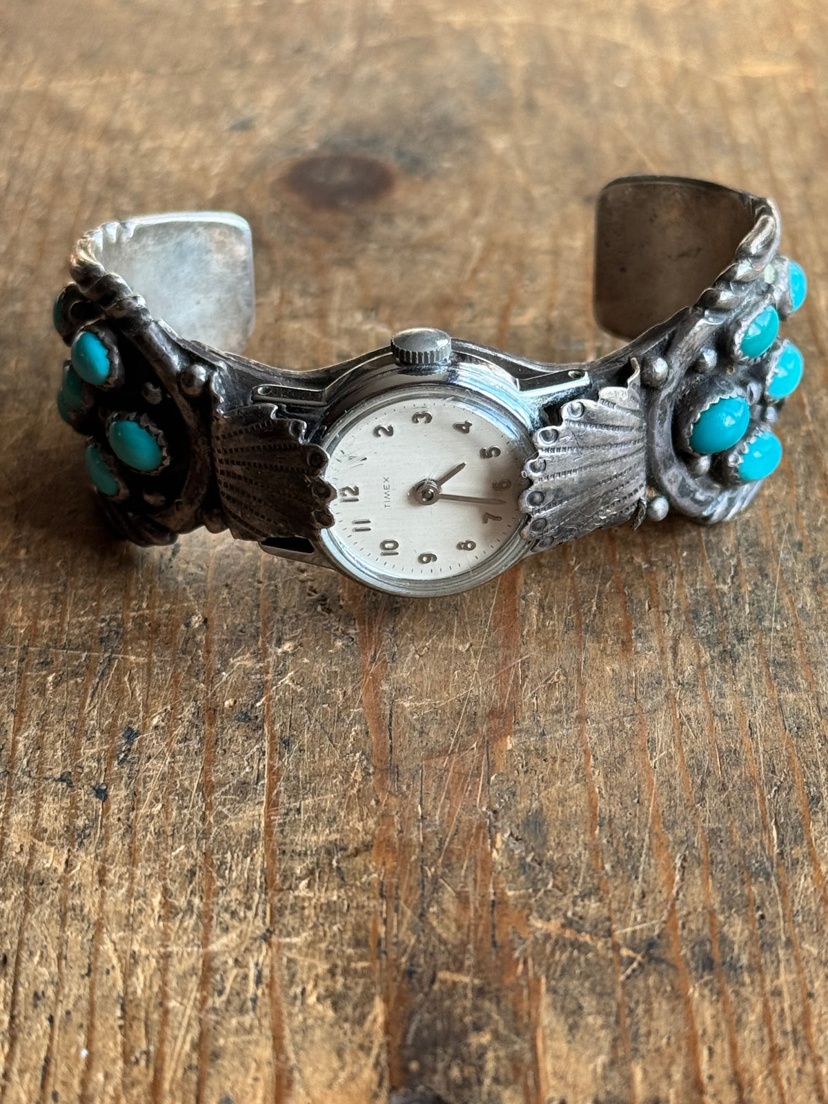 Vintage Sterling Silver Stamped Turquoise Watch Cuff Bracelet