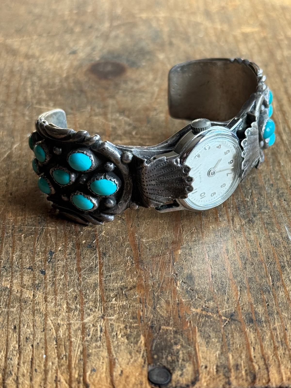 Vintage Sterling Silver Stamped Turquoise Watch Cuff Bracelet