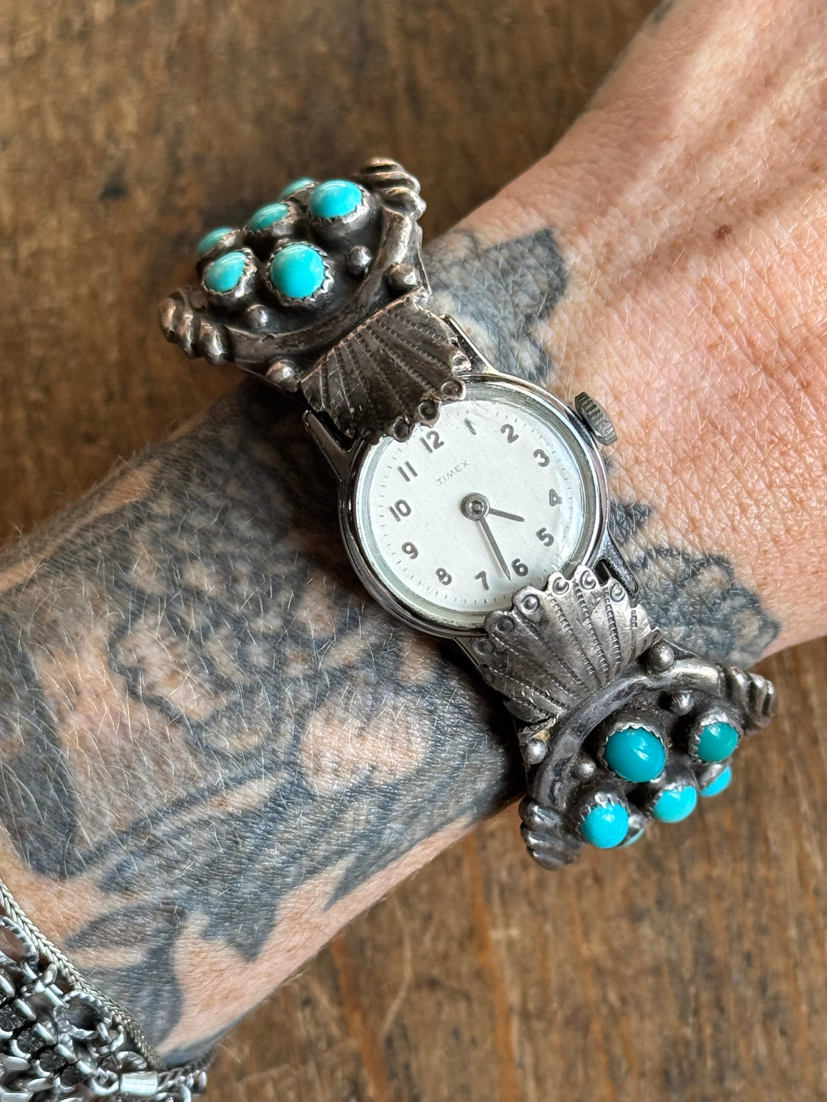 Vintage Sterling Silver Stamped Turquoise Watch Cuff Bracelet