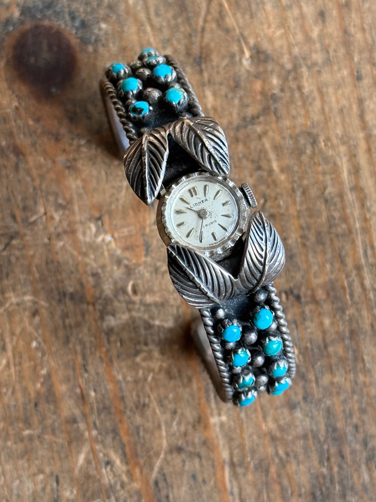 Vintage Sterling Silver Petit Point Turquoise Leaf Watch Cuff Bracelet